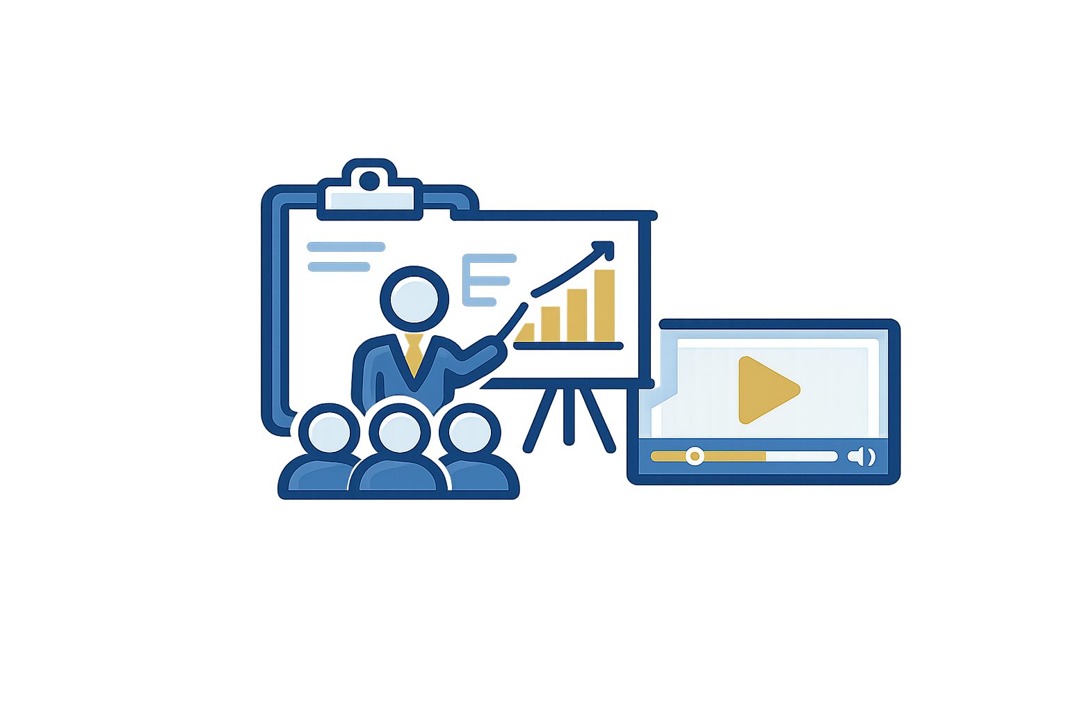 Digital illustration of business presentation with audience icons, upward trending graph, and video playback icon.
