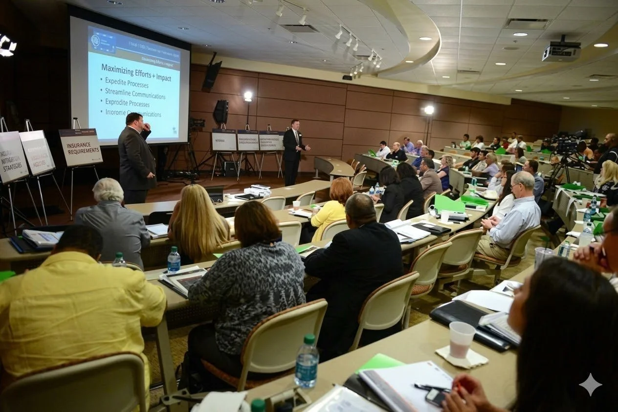 A conference room filled with people attending a presentation. A speaker is standing on stage next to a large screen displaying a slide, and there are presentation boards on easels on the side. Attendees are seated at tables with notebooks, water bottles, and papers.