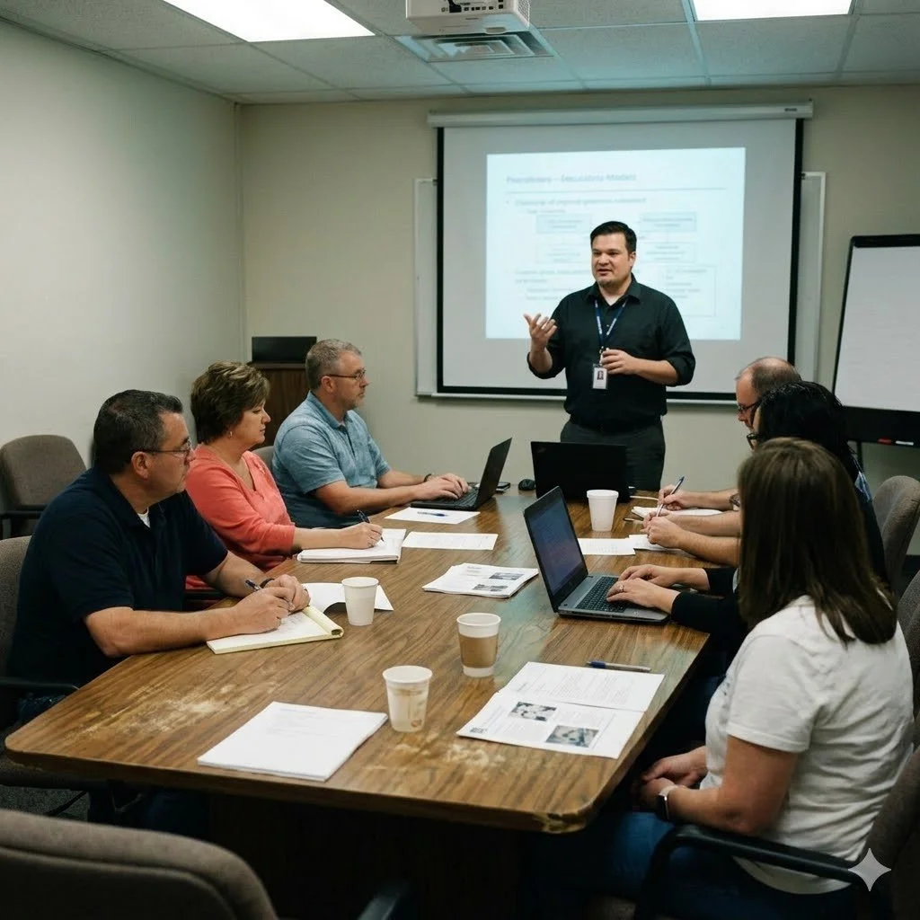A man is giving a presentation to a group of six people seated around a large conference table in a meeting room. The man is standing in front of a projection screen with a slide. The attendees are taking notes and using laptops.