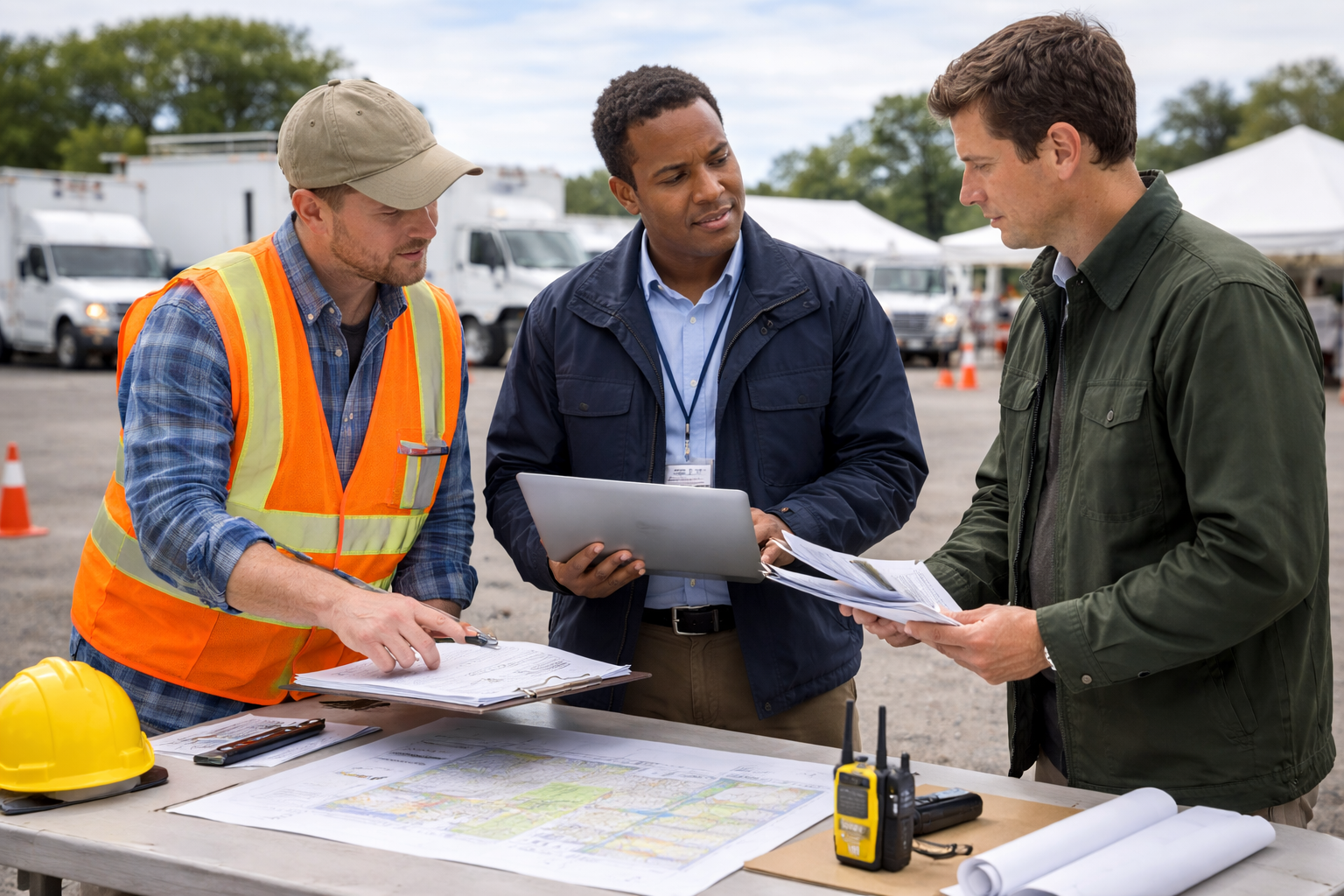 Three men in discussion at an outdoor construction site, with plans, equipment, and vehicles in the background.
