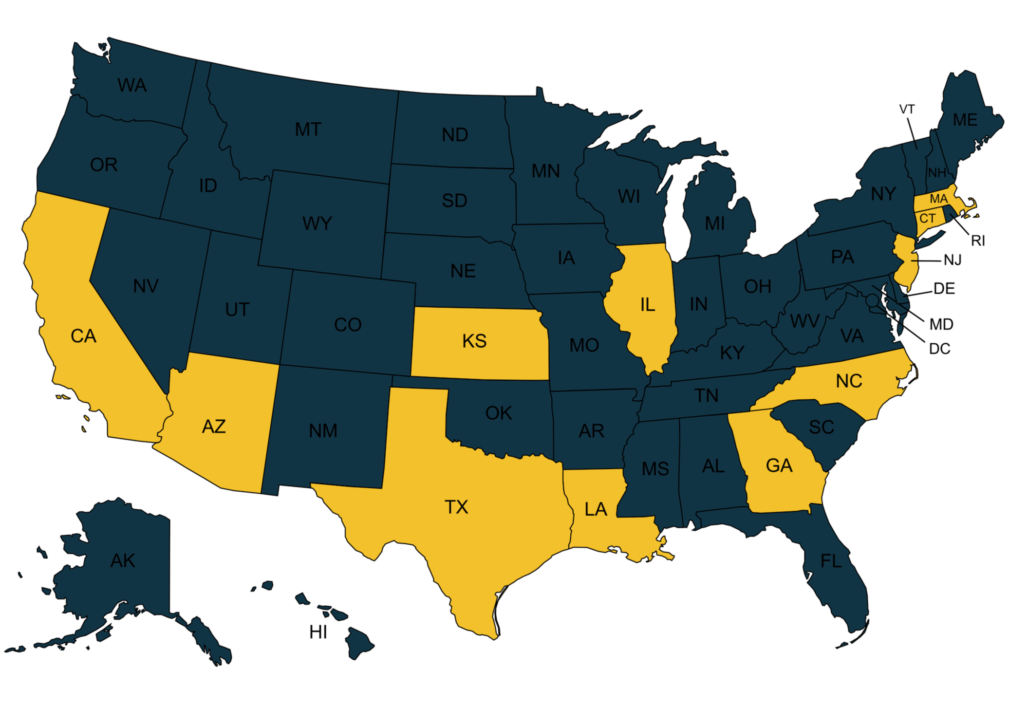 Map of the United States highlighting certain states in yellow, including California, Arizona, Texas, Oklahoma, Kansas, Illinois, Indiana, Kentucky, North Carolina, South Carolina, Georgia, Alabama, Florida, and Maine. The other states are colored dark blue.