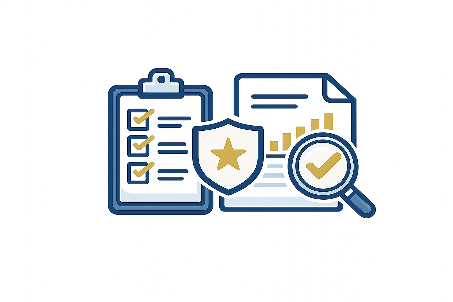 Illustration of a security shield with a star, a clipboard with checkmarks, a magnifying glass with a checkmark, and a document with bar graphs.