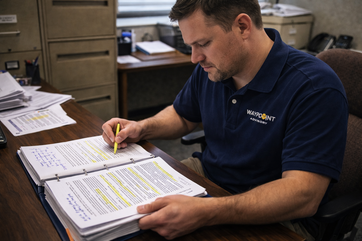 A man sitting at a cluttered desk, reviewing documents in a binder, with highlighted text and handwritten notes, wearing a navy blue polo shirt with a company logo.