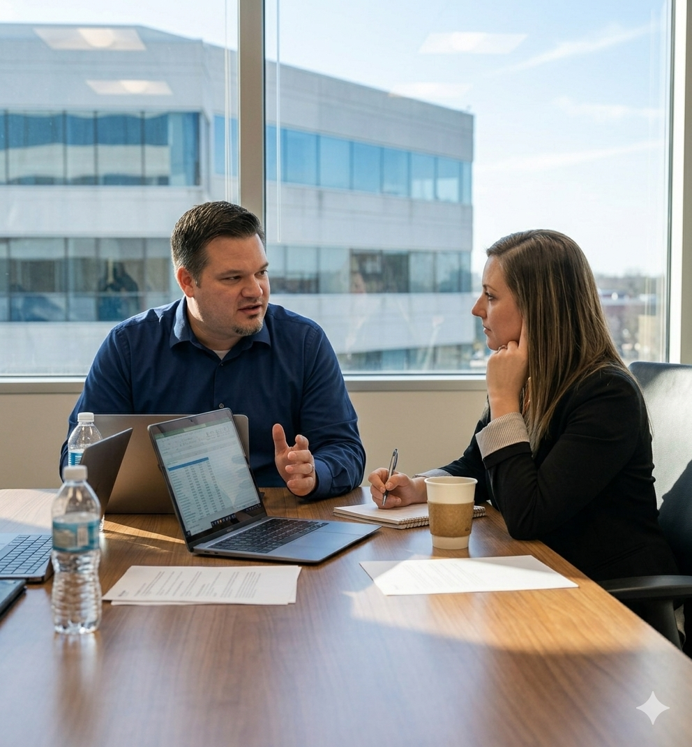 Two people having a serious discussion in a conference room with large windows showing a cityscape outside. They are sitting at a table with laptops, notebooks, papers, and water bottles.