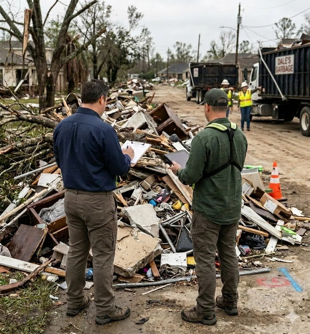 Two men in work clothing and safety gear standing in front of a large debris pile from a recent disaster, with more workers and garbage trucks in the background.