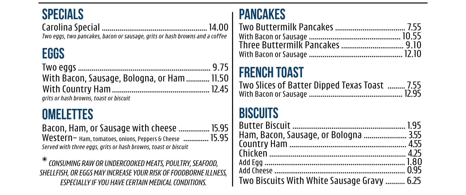 Menu featuring specials, eggs, omelettes, pancakes, French toast, and biscuits with prices listed.