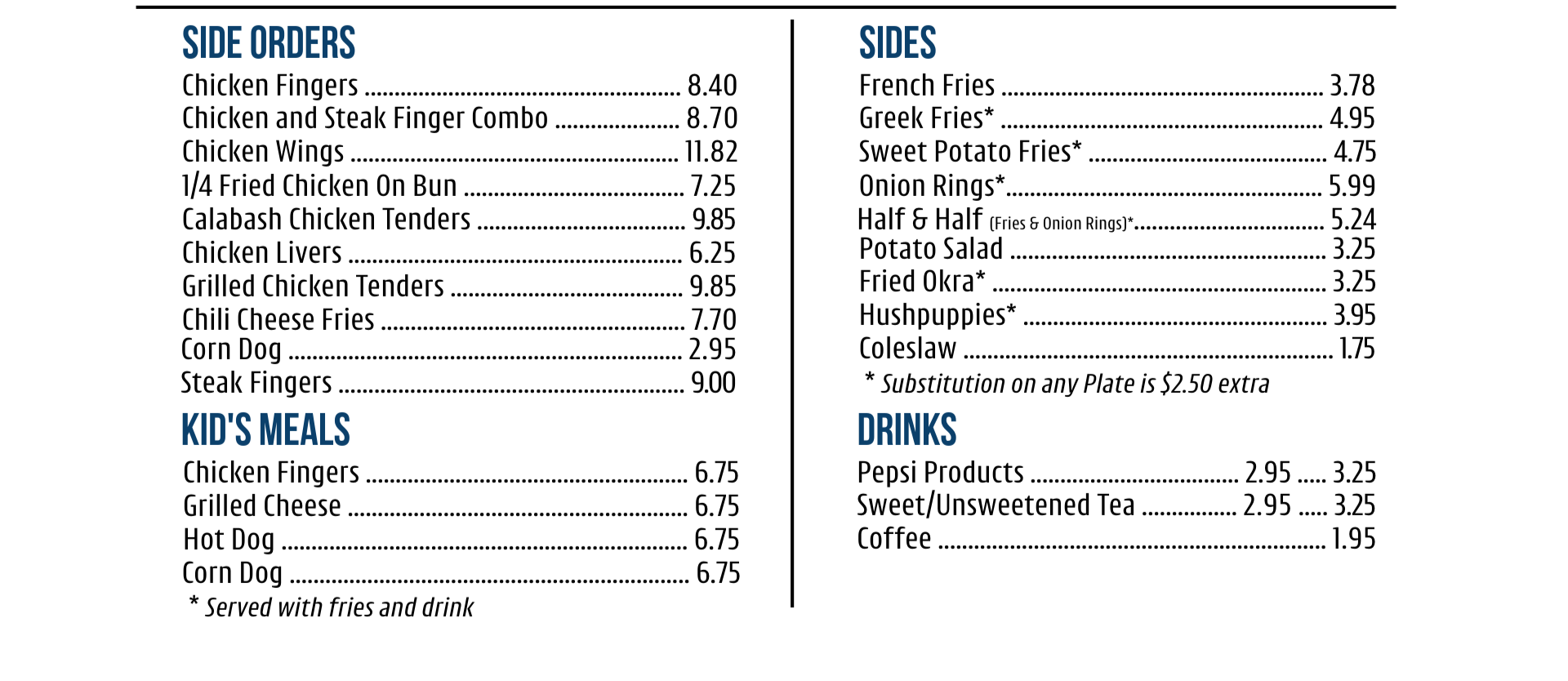 Menu listing side orders, kids' meals, sides, and drinks with prices at a restaurant.