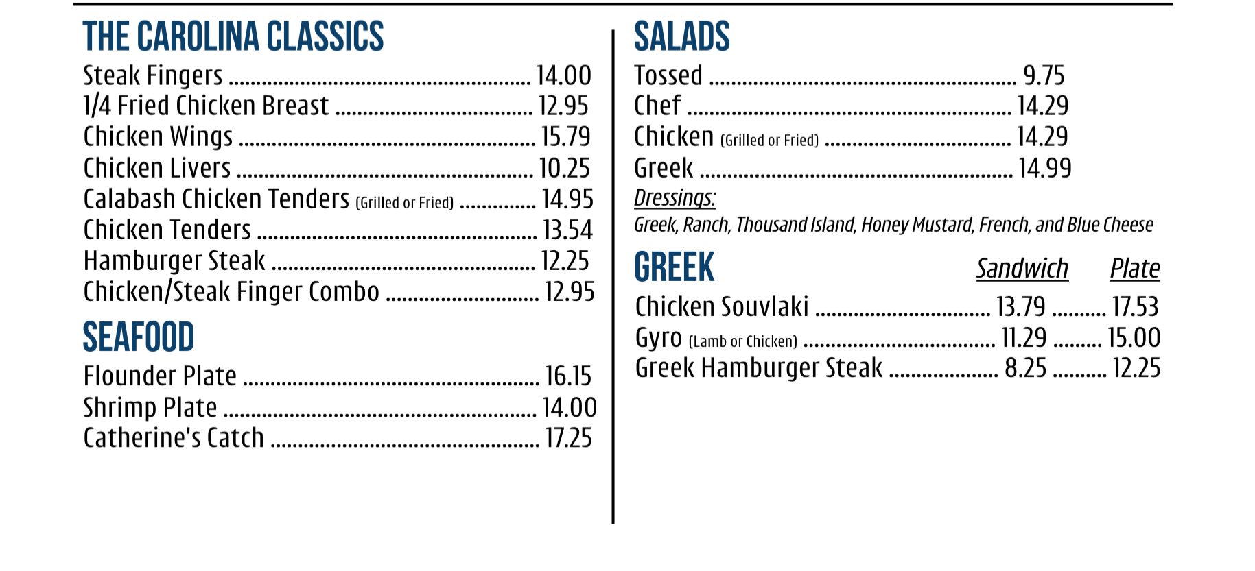 Restaurant menu with sections for The Carolina Classics, Seafood, Salads, Greek, and Greek Sandwich Plate, listing various dishes and prices.