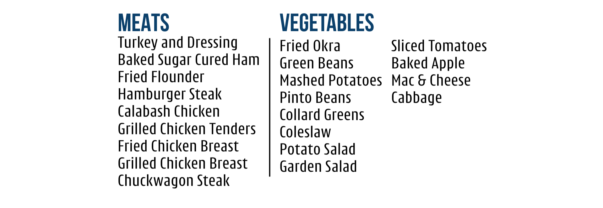 A list of food items categorized under meats, vegetables, and fruits. Meats include turkey with dressing, baked sugar cured ham, fried flounder, hamburger steak, calabash chicken, grilled chicken tenders, fried chicken breast, grilled chicken breast, and chuckwagon steak. Vegetables include fried okra, green beans, mashed potatoes, pinto beans, collard greens, coleslaw, potato salad, and garden salad. Fruits include sliced tomatoes, baked apple, and mac and cheese, with cabbage also listed.