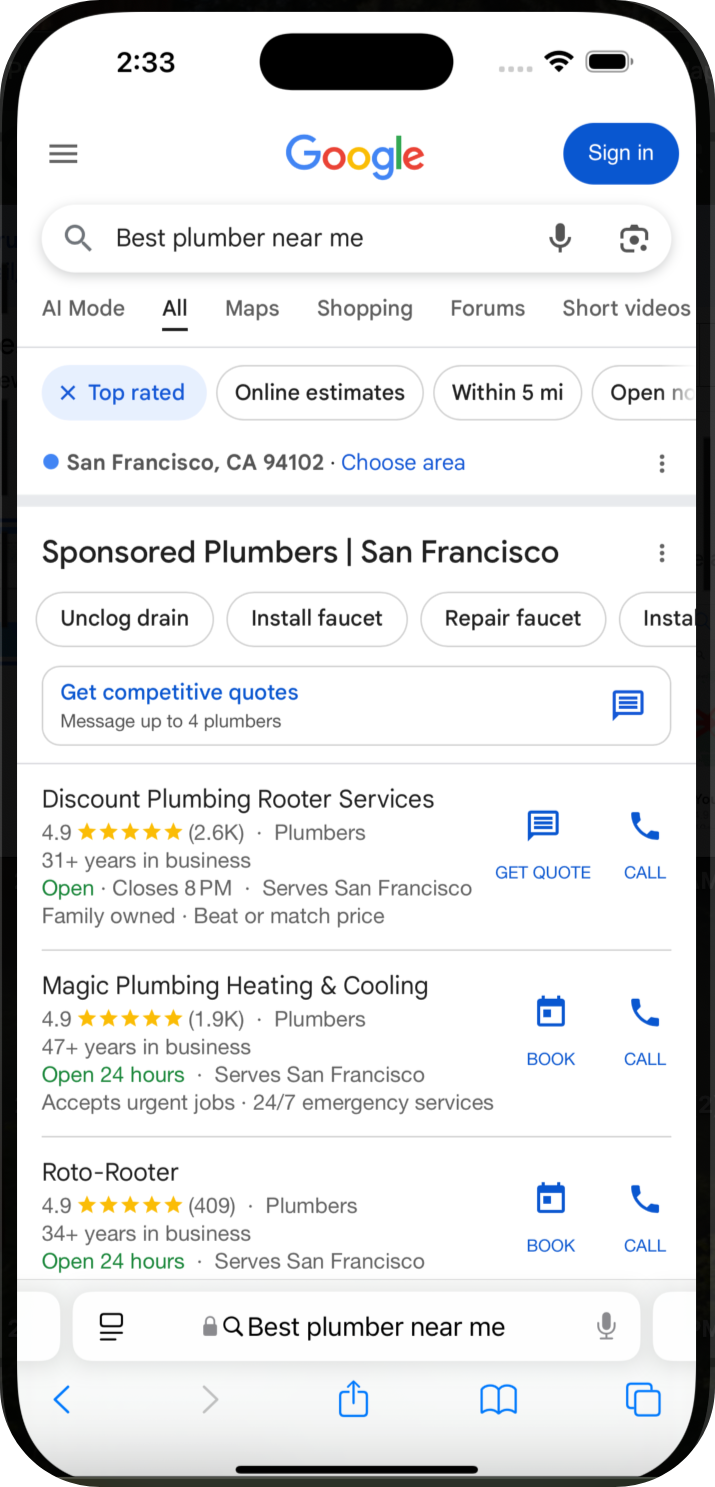 Google search results page for 'Best plumber near me' in San Francisco, showing sponsored plumber listings with ratings, reviews, and contact options.
