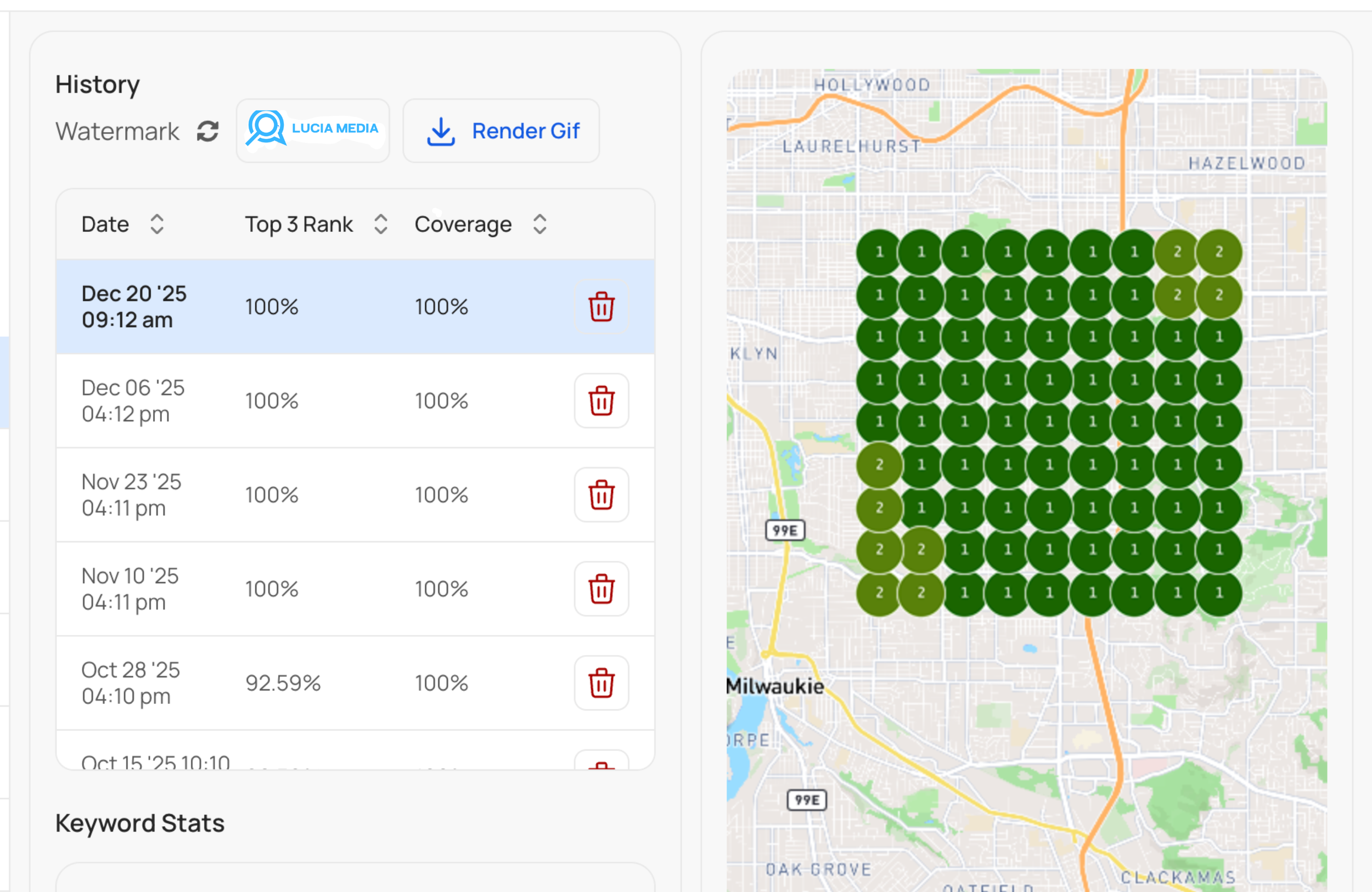 Map of Brooklyn with numbered markers showing SEO keyword rankings, alongside a list of dates and rankings on the left.