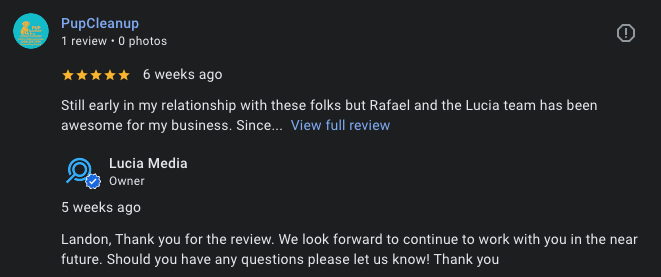 Screenshot of a Google review exchange between PupCleanup and Lucia Media, discussing business collaboration.