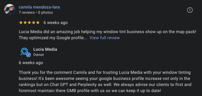 Screenshot of a Google review and response for Lucia Media, praising their window tint business and Google profile optimization.