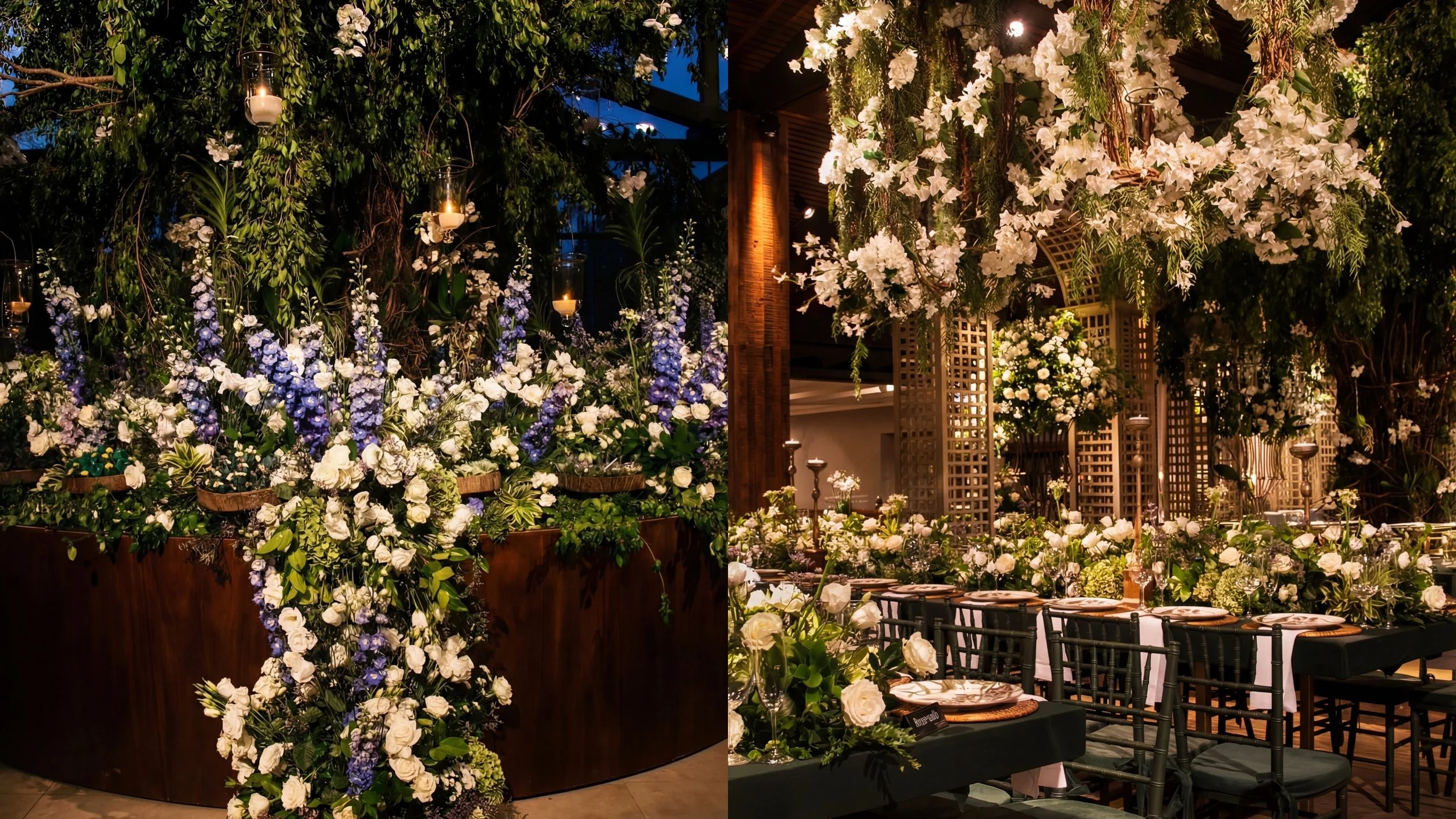 Decoração de casamento com flores brancas, roxas e verdes, mesas decoradas com pratos, copos e velas, e iluminação ambiente quente.
