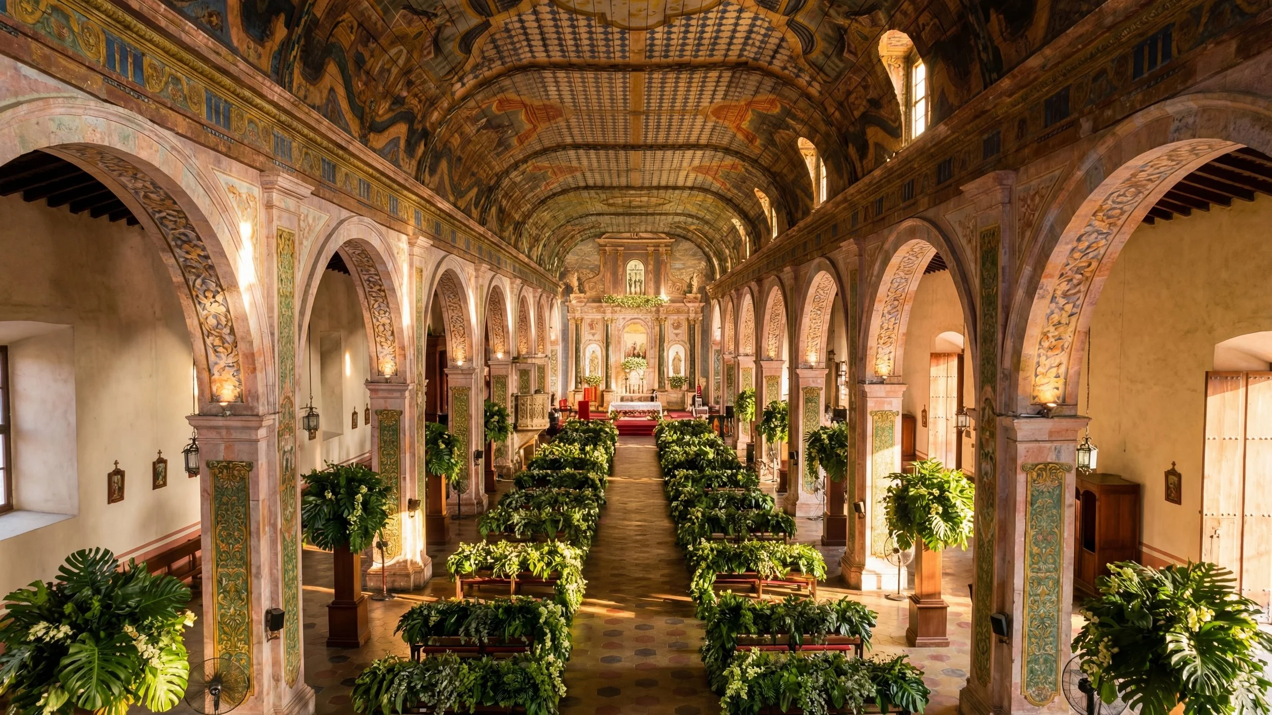 Interior de uma igreja com teto arqueado decorado, arcos laterais com detalhes dourados, plantaiões verdes nas cadeiras, altar ao fundo com elementos religiosos e iluminação natural vindo pelas janelas.
