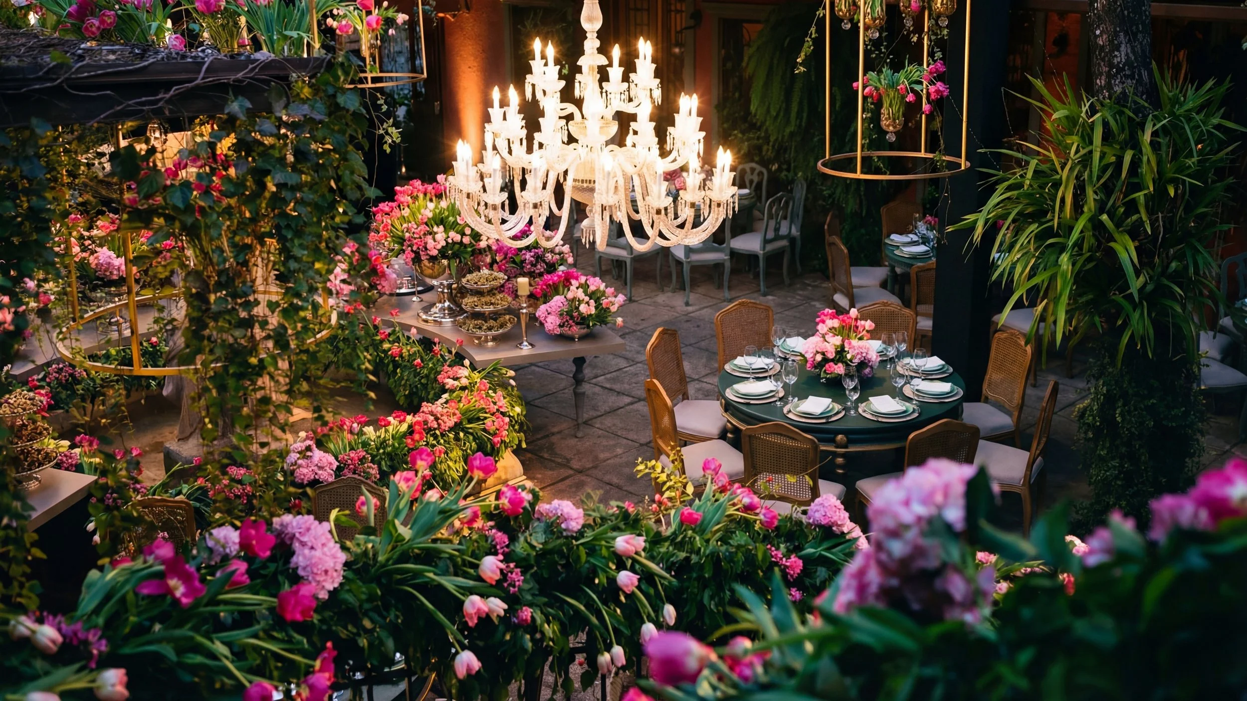 Ambiente de restaurante decorado com muitas flores rosas, uma grande cristaleira de lustre e mesas alinhadas com cadeiras, pratos e taças, criando uma atmosfera elegante e charmosa.