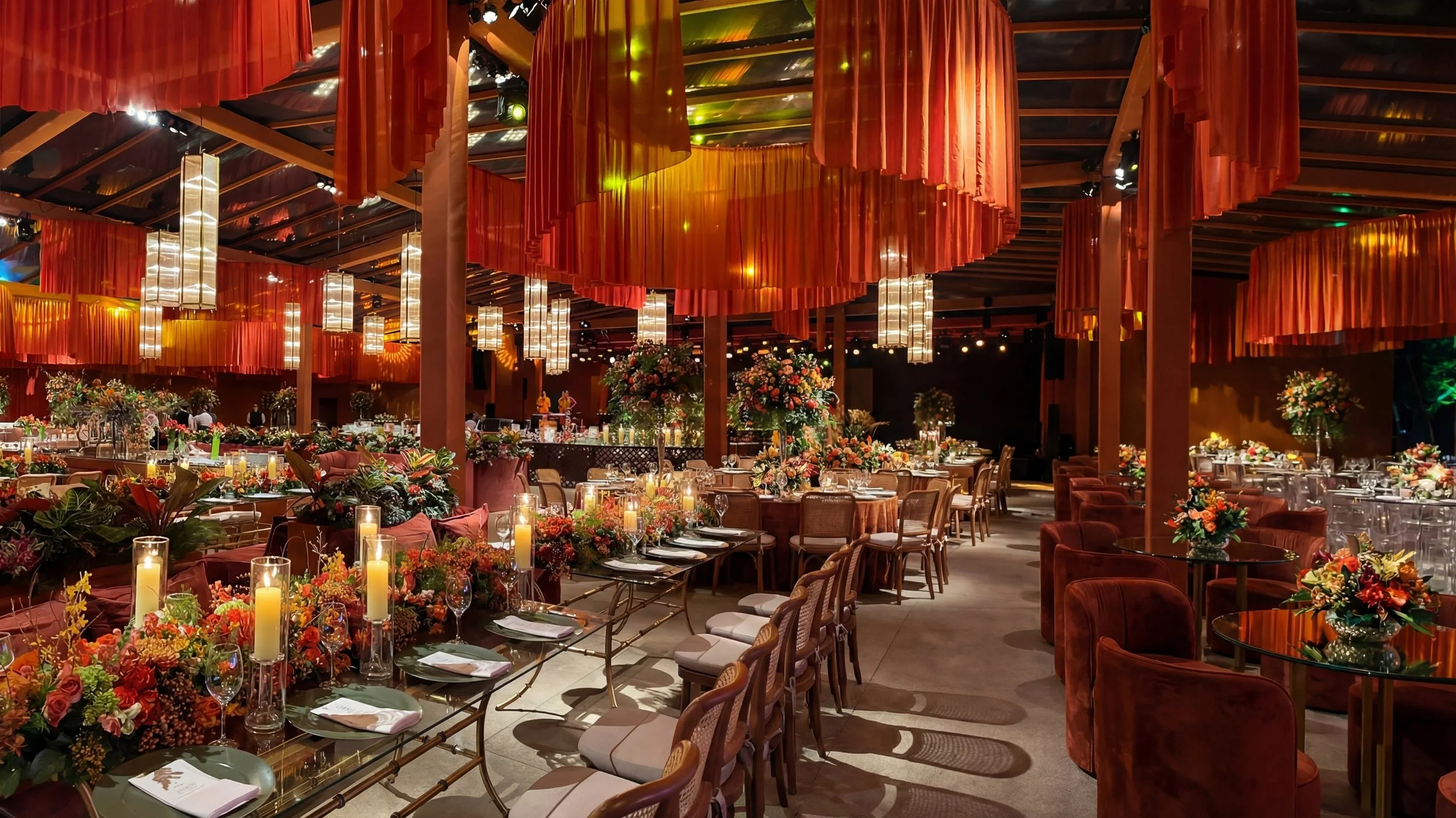 Sala de eventos decorada com mesas e cadeiras, muitas flores e velas, iluminação quente e luminárias penduradas no teto.