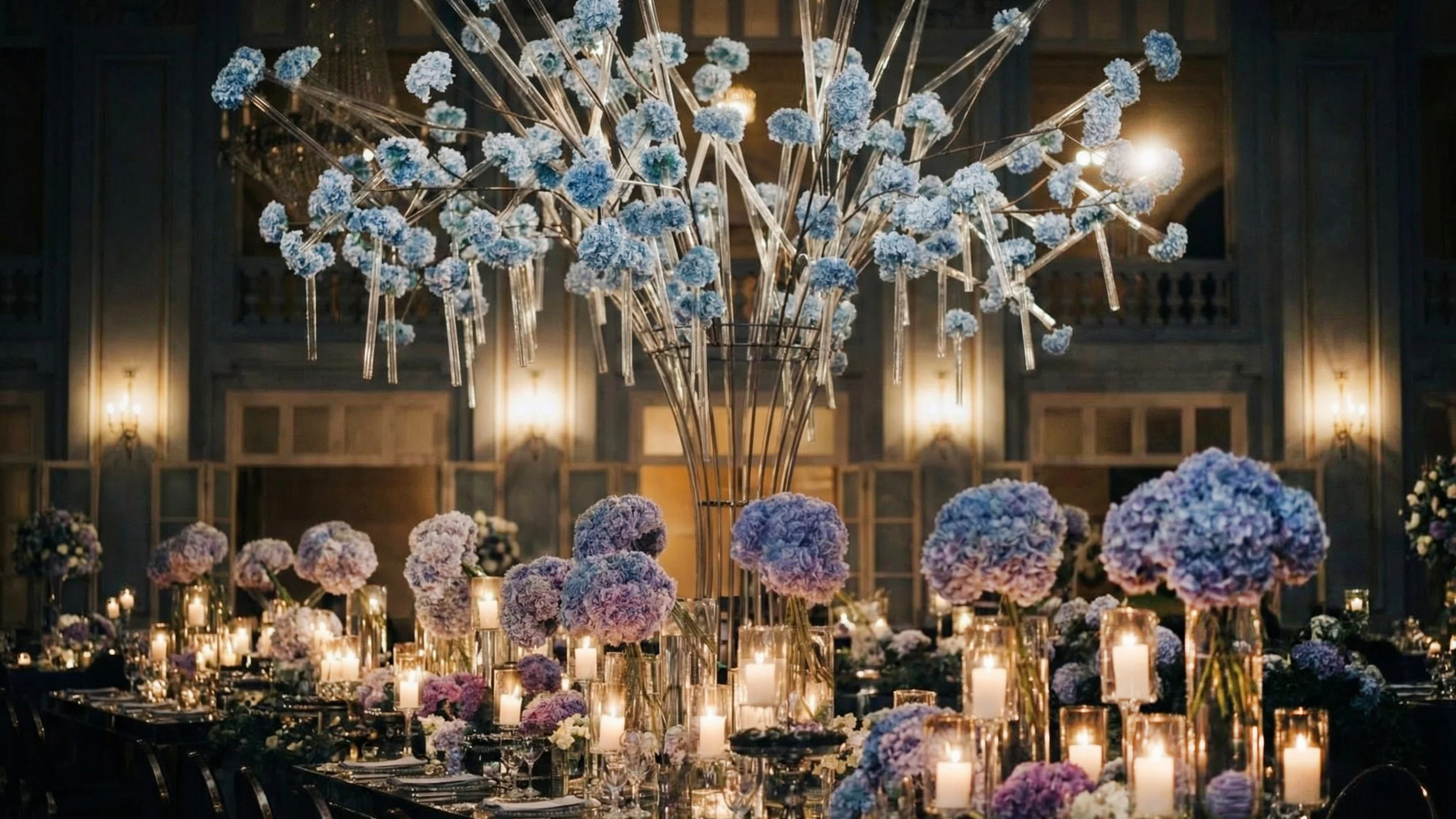 Decoração de casamento com arranjos de flores em tons de lilás, rosas e brancos, com velas acesas em velas de diferentes tamanhos, dentro de um salão com iluminação suave e detalhes clássicos na parede.