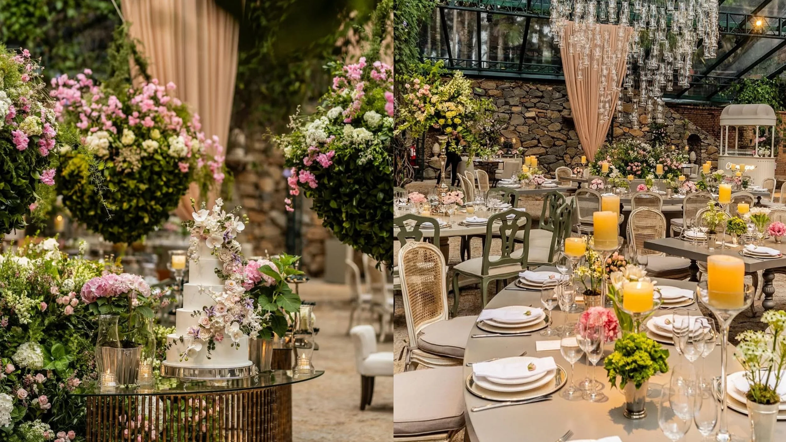 Imagem dividida em duas partes mostrando uma decoração de festa sofisticada com flores e velas. Lado esquerdo: bolo de casamento decorado com flores, ao redor há muitas flores e plantas verdes. Lado direito: espaço com mesas decoradas com velas, flor