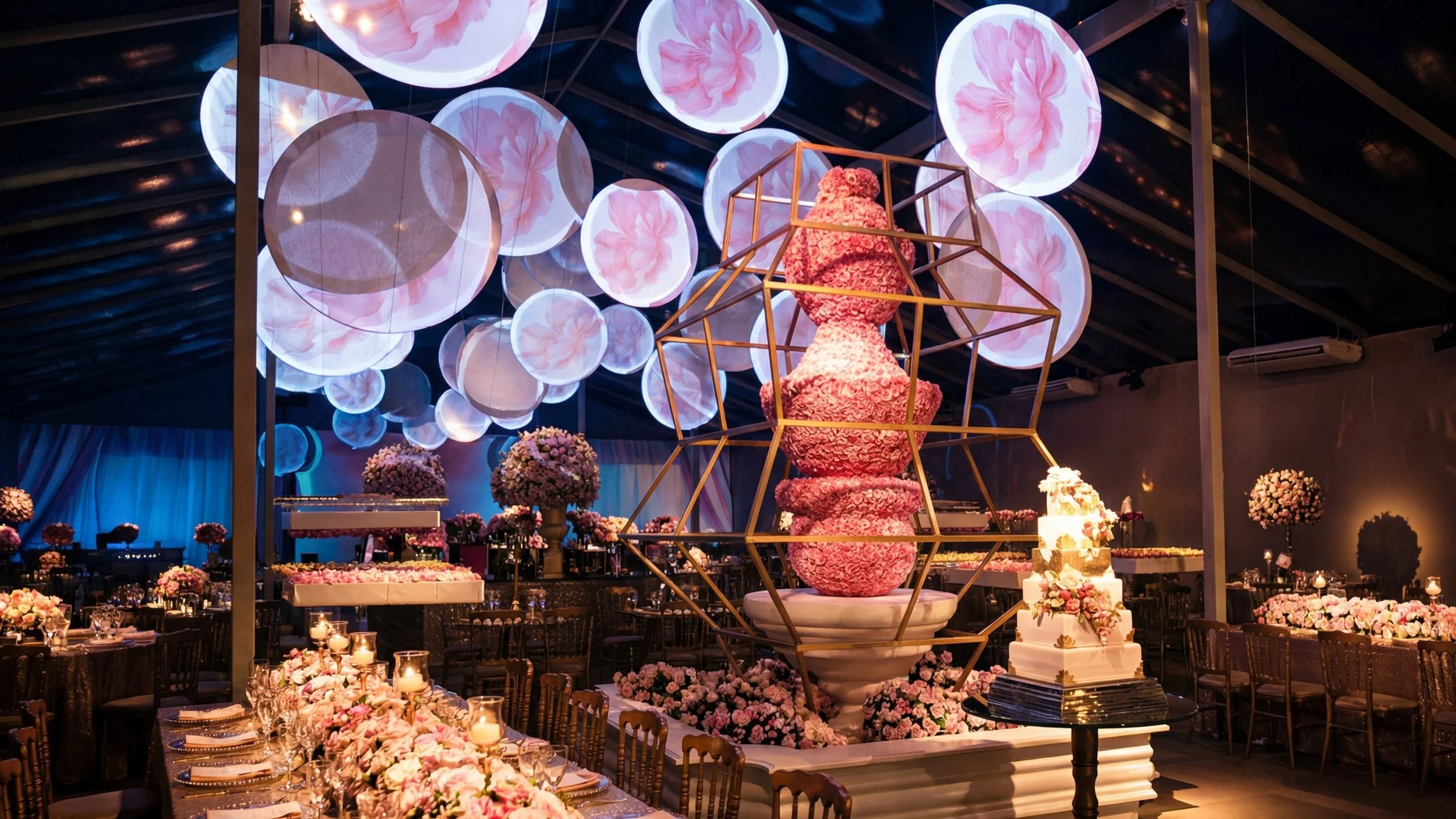 Decoração de casamento com flores rosas, mesa decorada, docinhos e um bolo de casamento em destaque, iluminação suave, enfeites florais e uma instalação central de flores rosas em estrutura dourada, com balões decorativos de fundo.