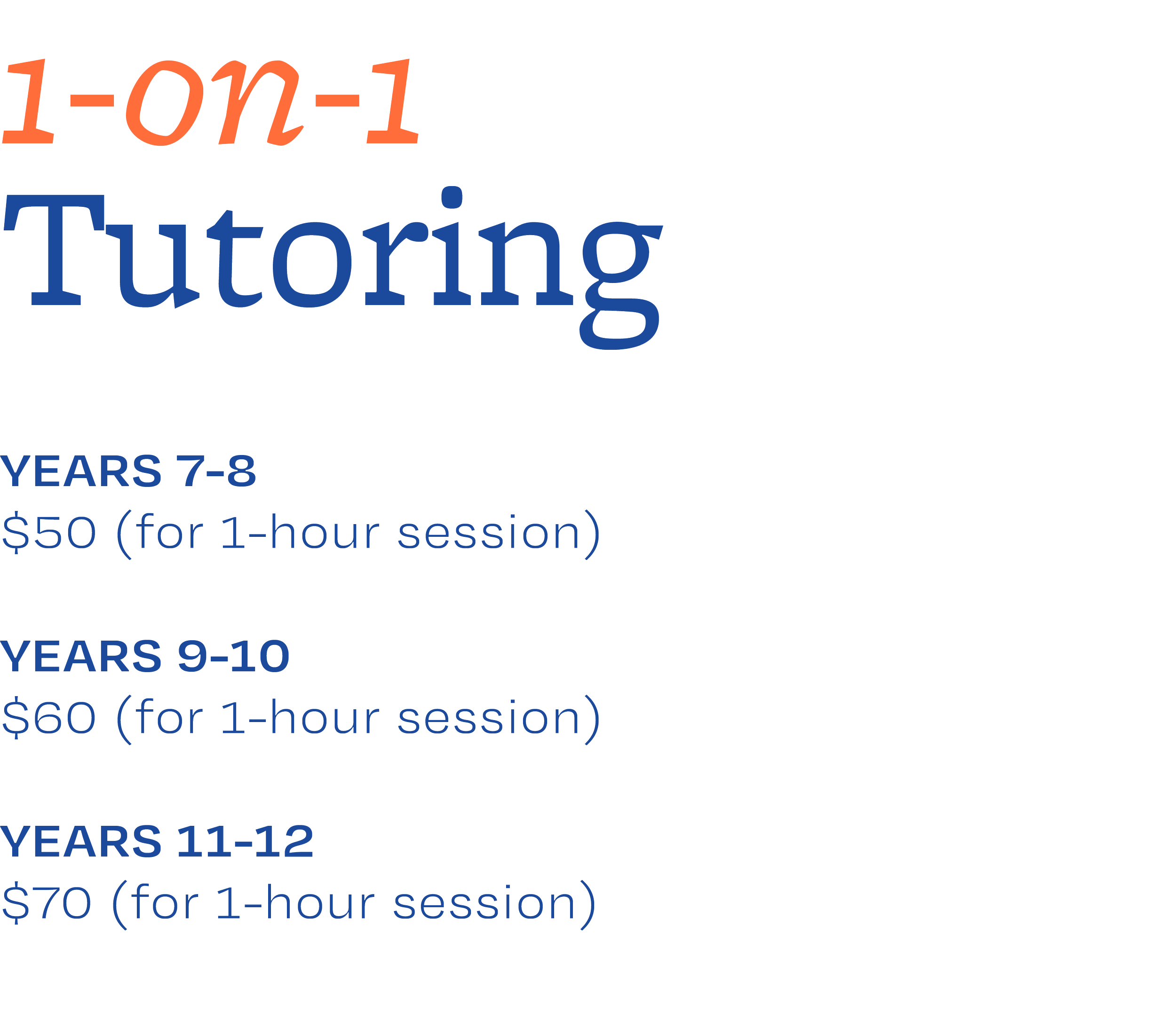 Part of a promotional poster displaying different coaching session prices for children in years 7-8, 9-10 and 11-12, with costs ranging from $50 to $70 for one-hour sessions.