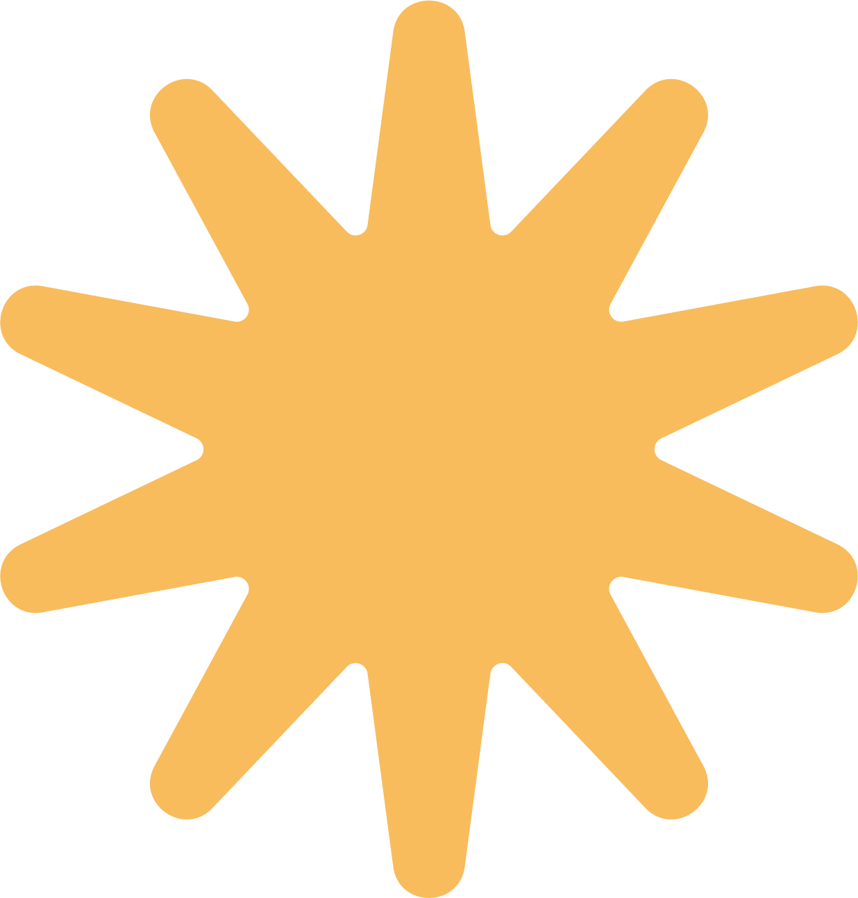 A yellow star-shaped silhouette with rounded edges, resembling a starfish, on a transparent background.