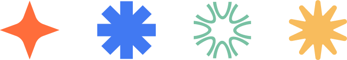 Four colorful asterisk-like shapes in orange, blue, green, and yellow on a white background.