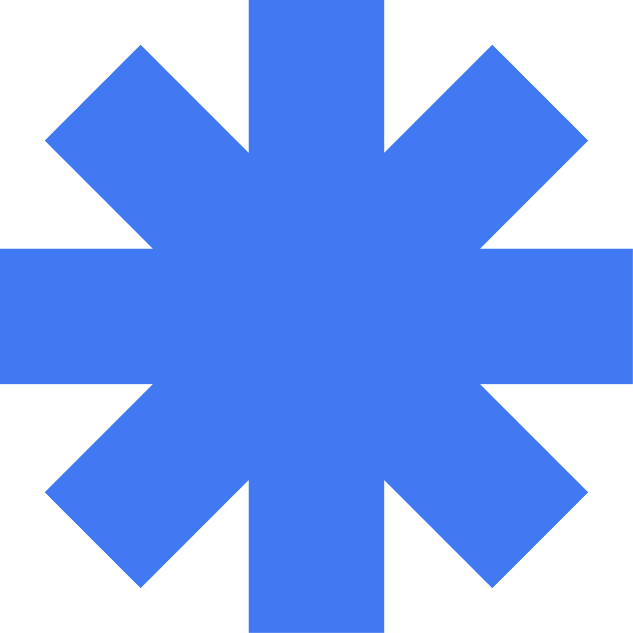 Blue asterisk symbol with eight arrowheads pointing outward against a black background.