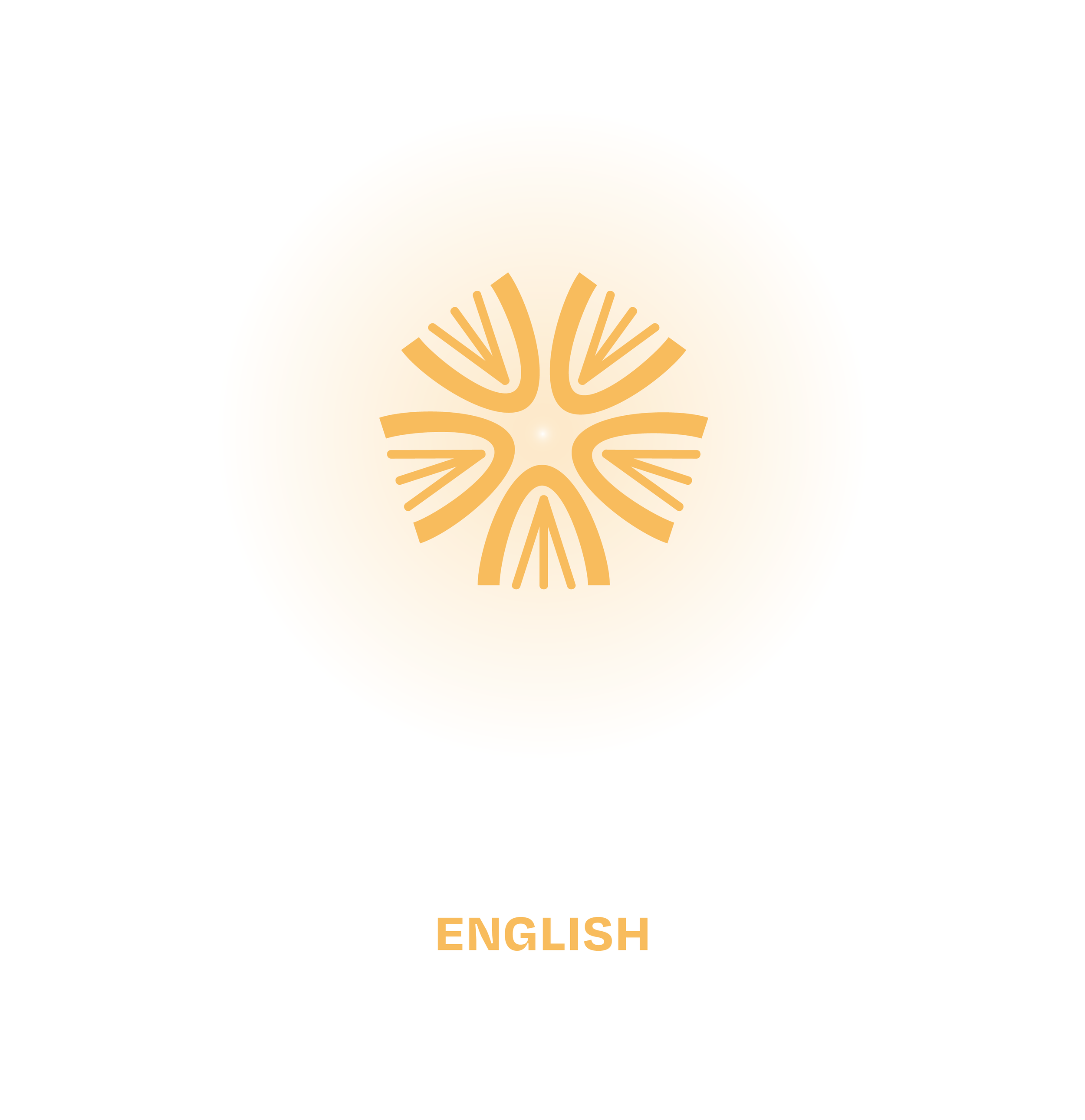 A logo with an abstract orange design and the words 'English' in orange at the bottom.