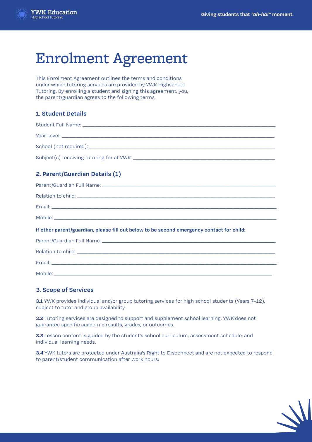Enrolment Agreement form from YWK Education with spaces for student and parent details, scope of services, and guidelines for tutoring services.