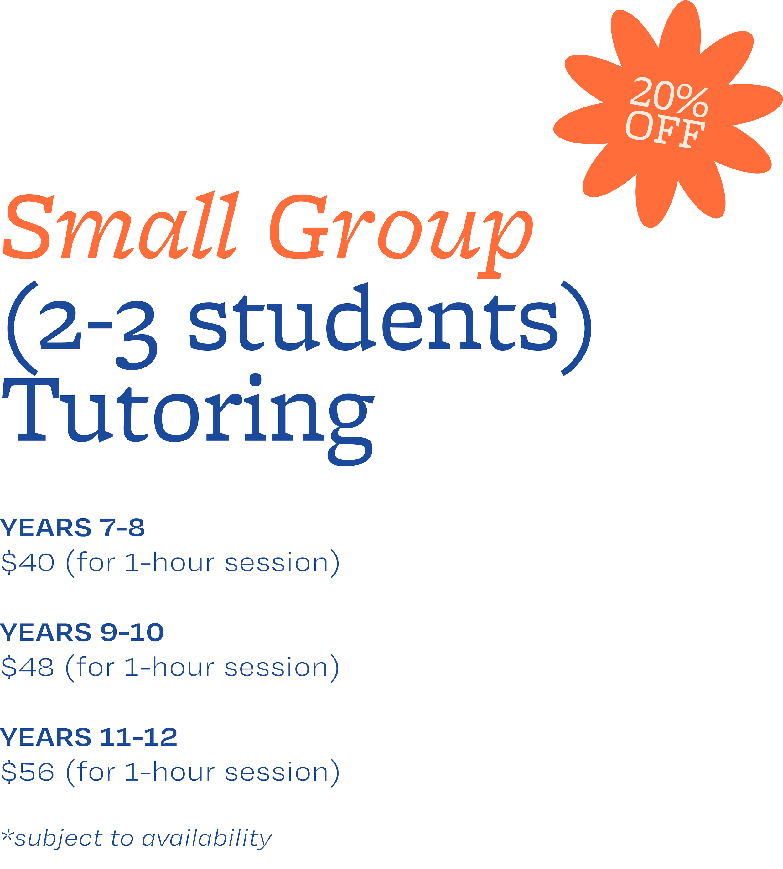 Chart showing small group tutoring prices for different age brackets with discount percentages, session durations, and prices listed.