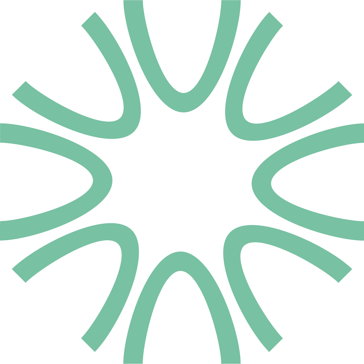 A stylized teal abstract star or sunburst pattern with curved lines radiating from a central point on a black background.