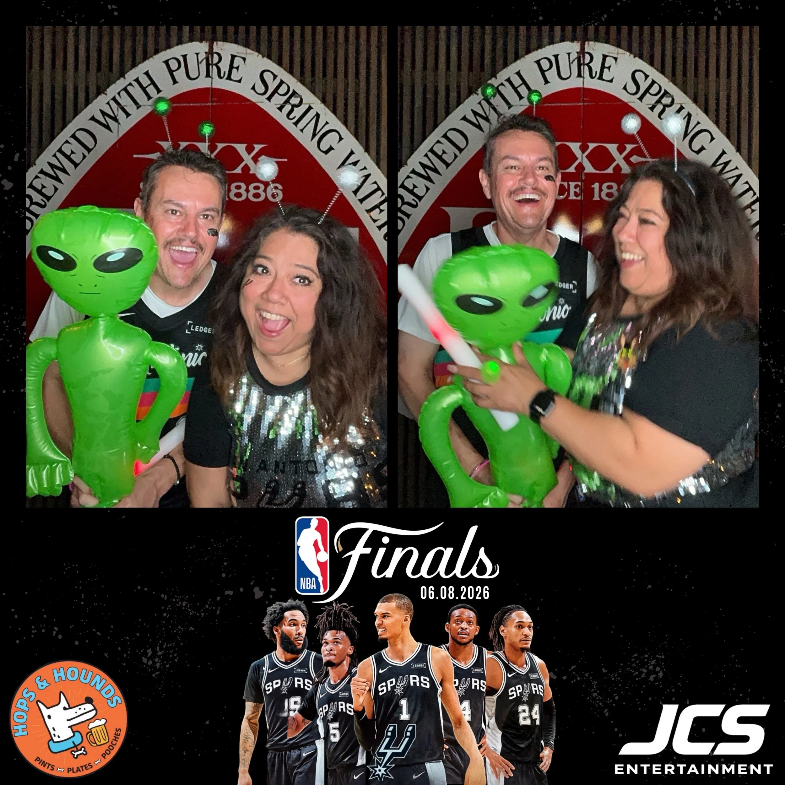 Group of five basketball players in black San Antonio Spurs jerseys standing together, with a banner above them showcasing the NBA Finals logo and a date of June 8, 2026, along with the NBA Finals logo.
