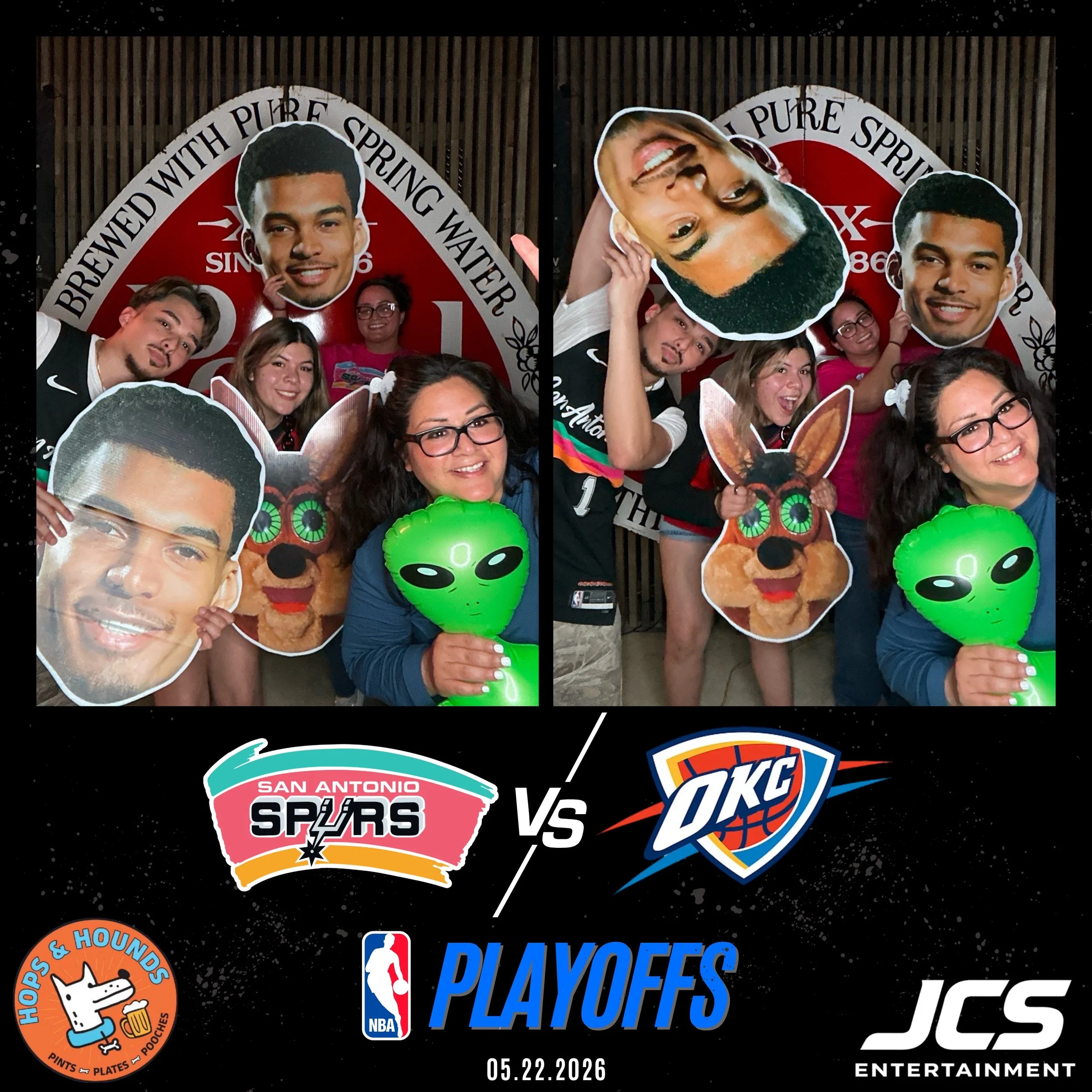 Promotional poster for the NBA playoffs featuring a group of people holding cartoon masks and cutouts of basketball players' faces, with logos of San Antonio Spurs and Oklahoma City Thunder, dated 05.22.2026.
