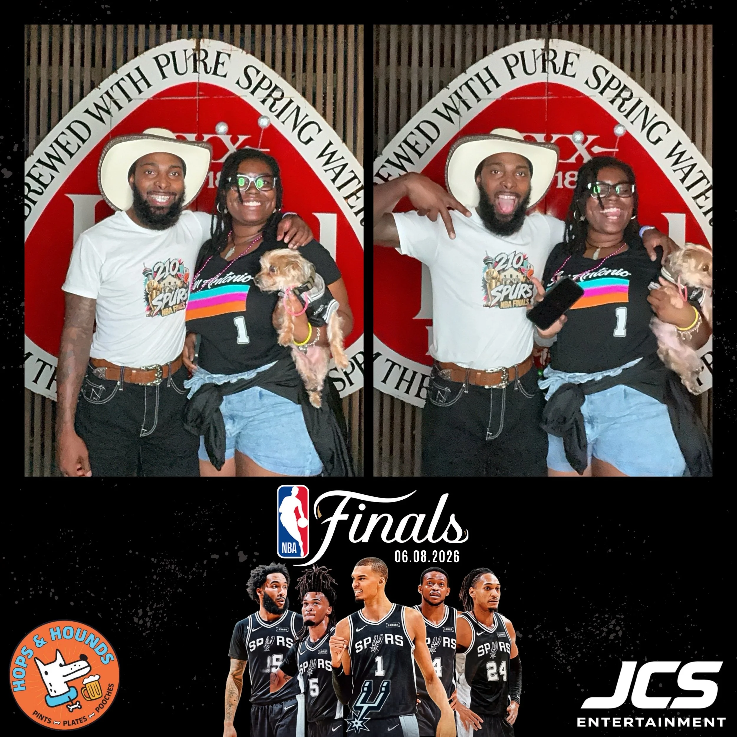 Group of basketball players from the San Antonio Spurs standing together in front of an NBA Finals promotional backdrop, with the date June 8, 2026 displayed at the top.