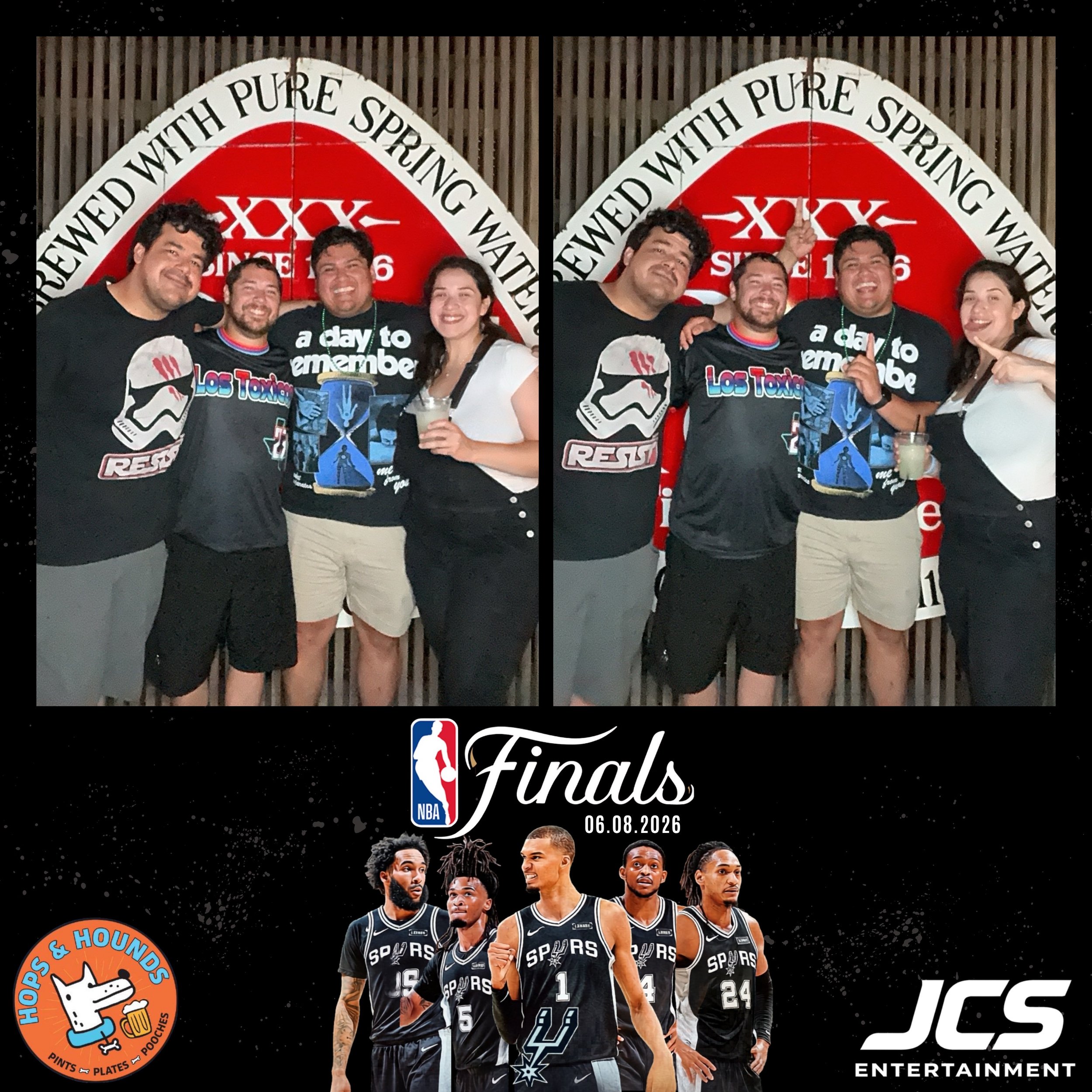 Group of San Antonio Spurs basketball players in uniform, standing together at a final NBA game event, with a backdrop featuring the NBA Finals logo, date June 8, 2026, and various sponsor logos.