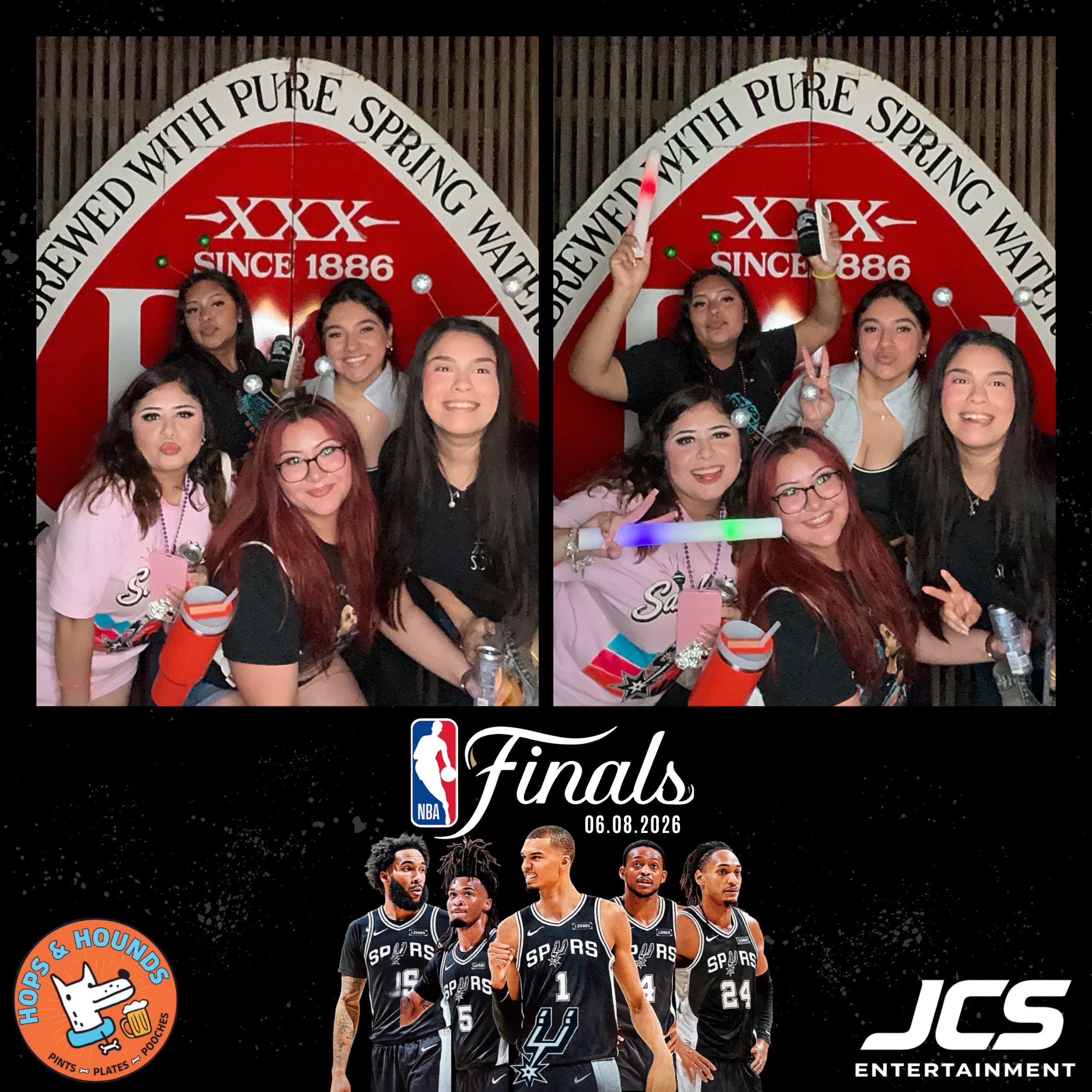 San Antonio Spurs basketball players on the court with a Final game poster displaying the date 06.08.2026 and NBA Finals logo, featuring a group of players in black jerseys with white numbers and the Spurs logo.