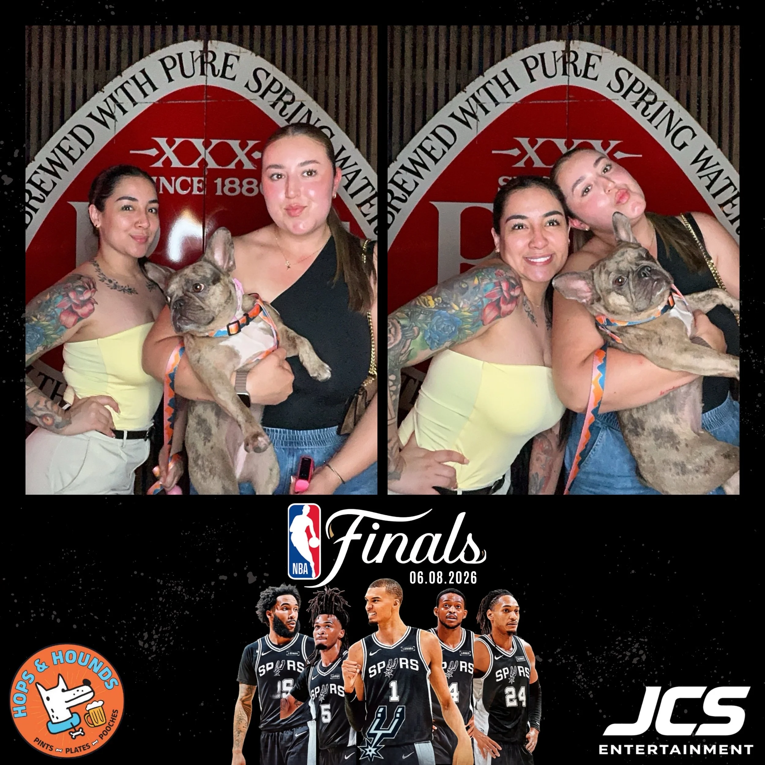 A collage of two photos showing three women and a dog in front of a banner that says 'NBA Finals June 8, 2026'. The women are smiling, and the woman on the right is making a playful face. The dog is a brindle-colored French bulldog wearing a colorful