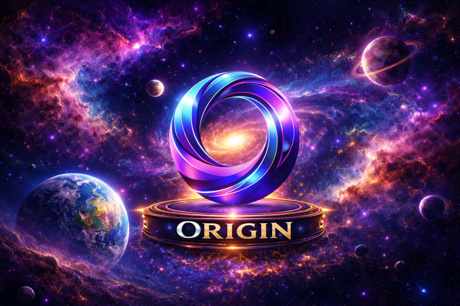 A cosmic scene with planets, stars, and colorful nebulae featuring a glowing, futuristic logo with the word 'ORIGIN' at the bottom.