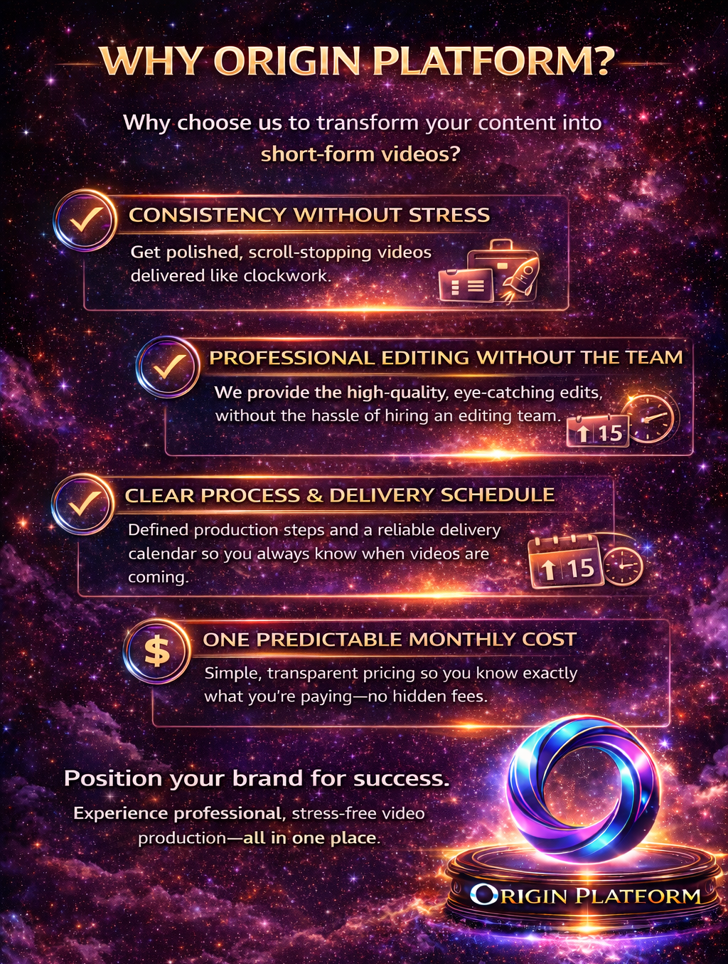 A promotional infographic for Origin Platform, explaining reasons to choose their short-form video content creation services. Highlights include consistency, professional editing, clear process, predictable monthly costs, with a space-themed background and colorful glowing elements.