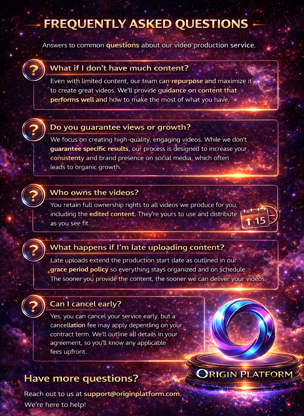 An FAQ page for Origin Platform with questions and answers about their video production services, set against a cosmic, galaxy background with stars and nebulae.