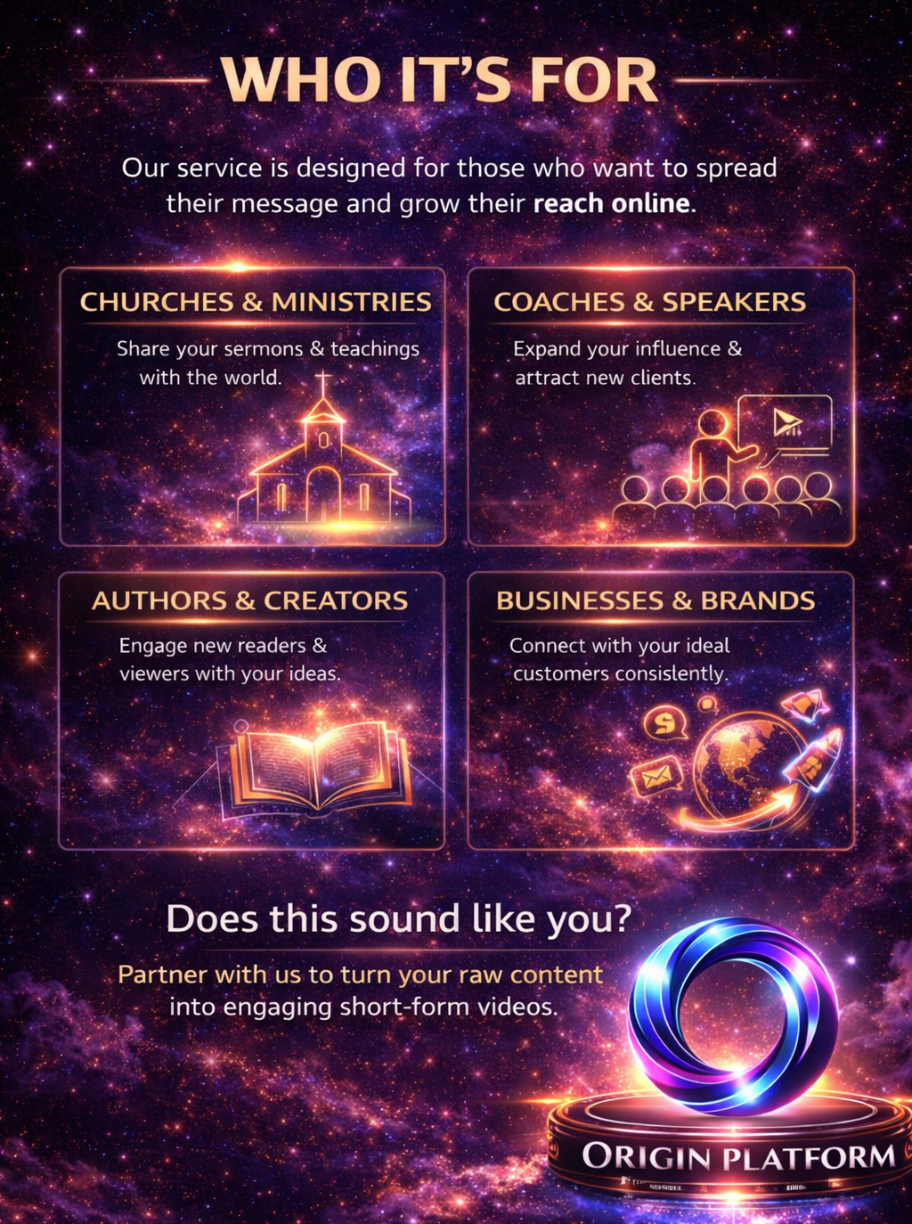 A digital graphic with a space background and bright stars, displaying services offered by Origin Platform for different groups including churches, coaches, authors, and businesses, emphasizing online growth and content creation.