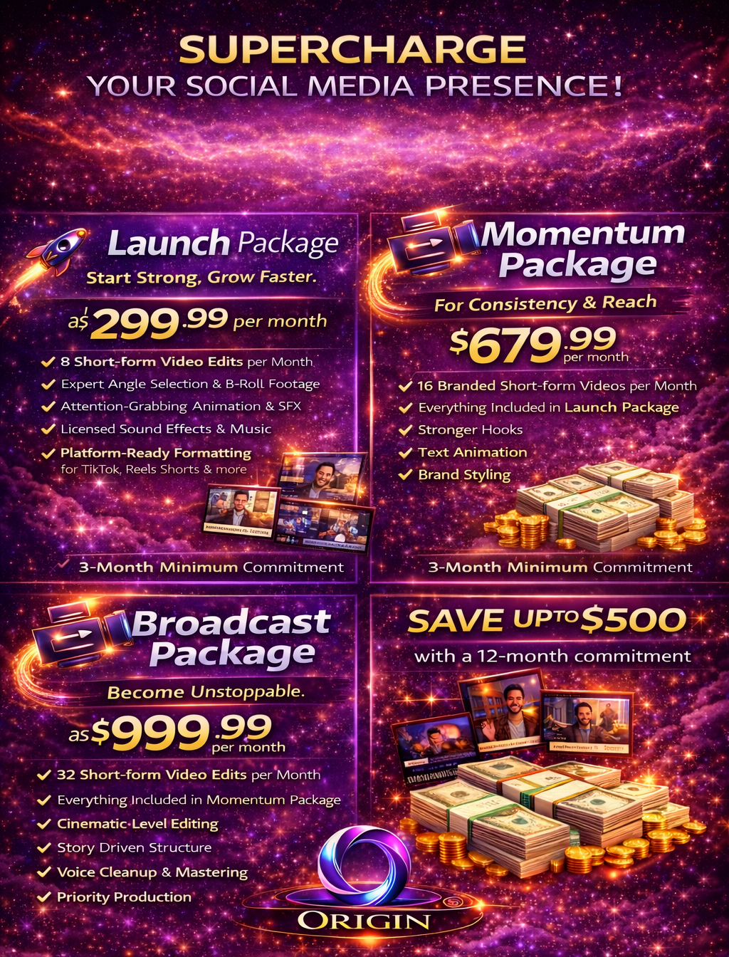 A promotional poster for Origin's social media packages featuring space-themed graphics. It offers three packages: Launch, Momentum, and Broadcast, with pricing and features listed. It also mentions a savings offer for a 12-month commitment.