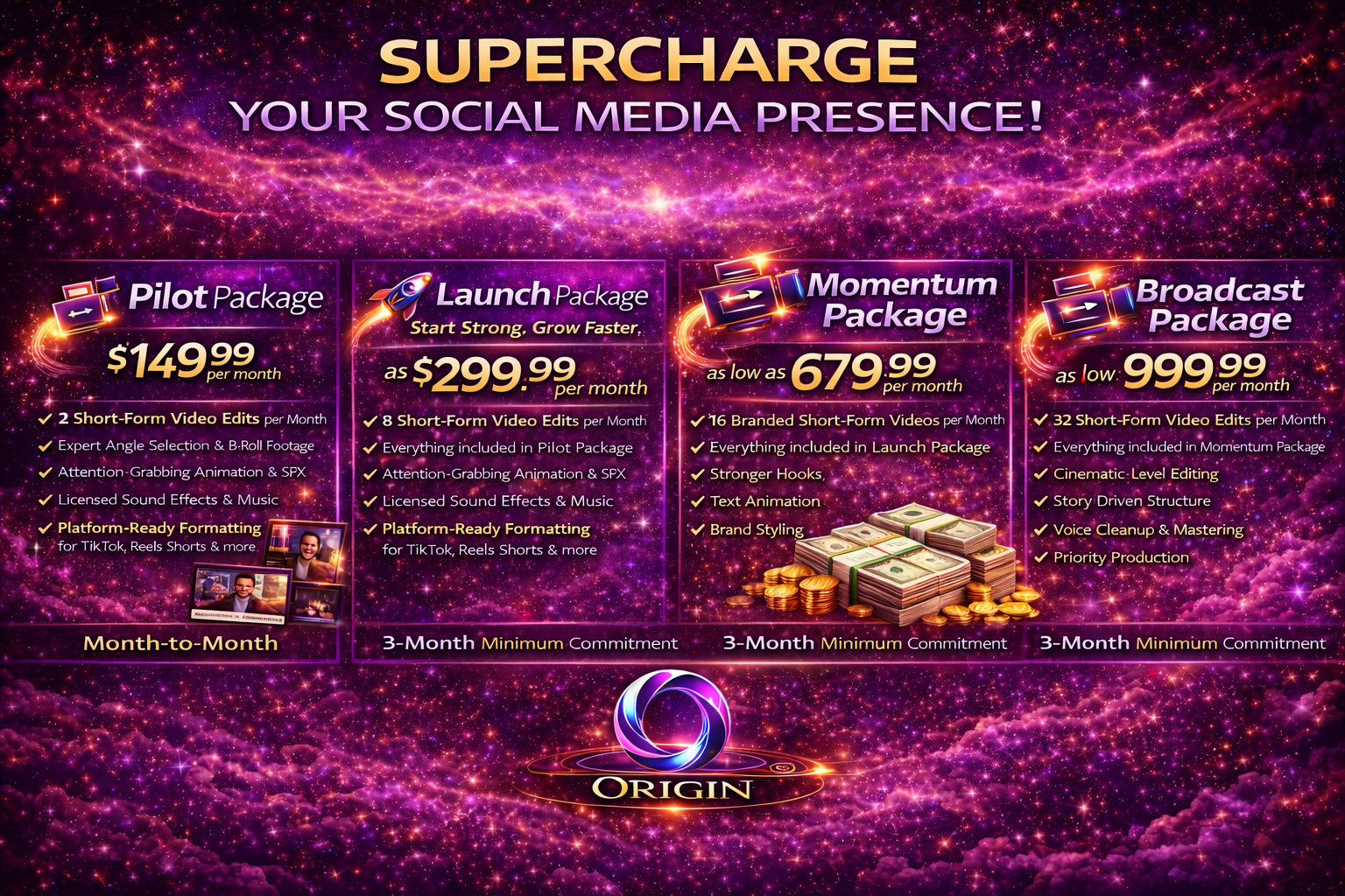 A promotional graphic for a social media service with four packages: Pilot, Launch, Momentum, and Broadcast, each with pricing, features, and minimum commitment details, set against a purple, pink, and orange cosmic background with stars and sparkles.