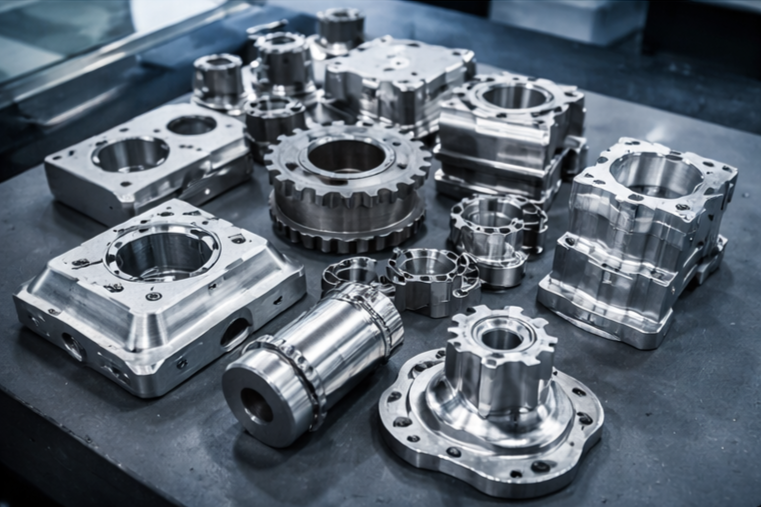 Set of shiny, machined metal engine parts and gears on a workbench.