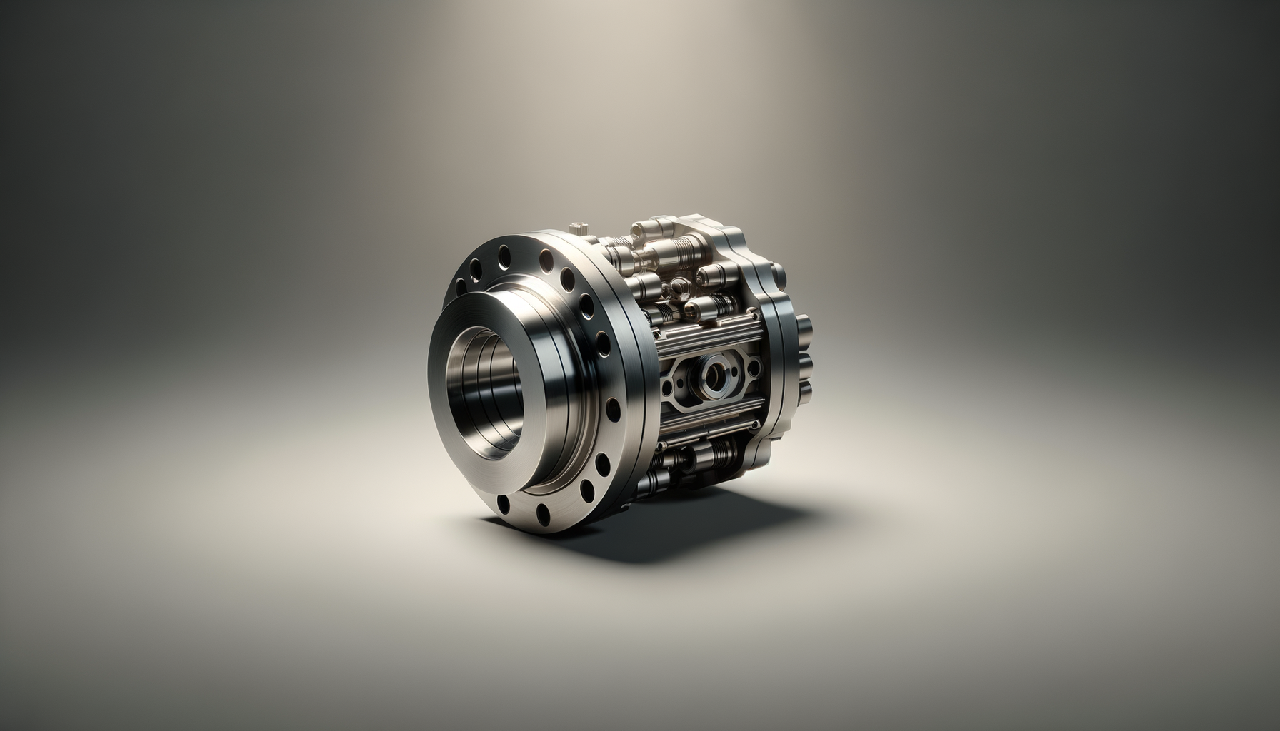 A metallic, precision-machined mechanical component with a hollow center and multiple circular holes, on a neutral gradient background.