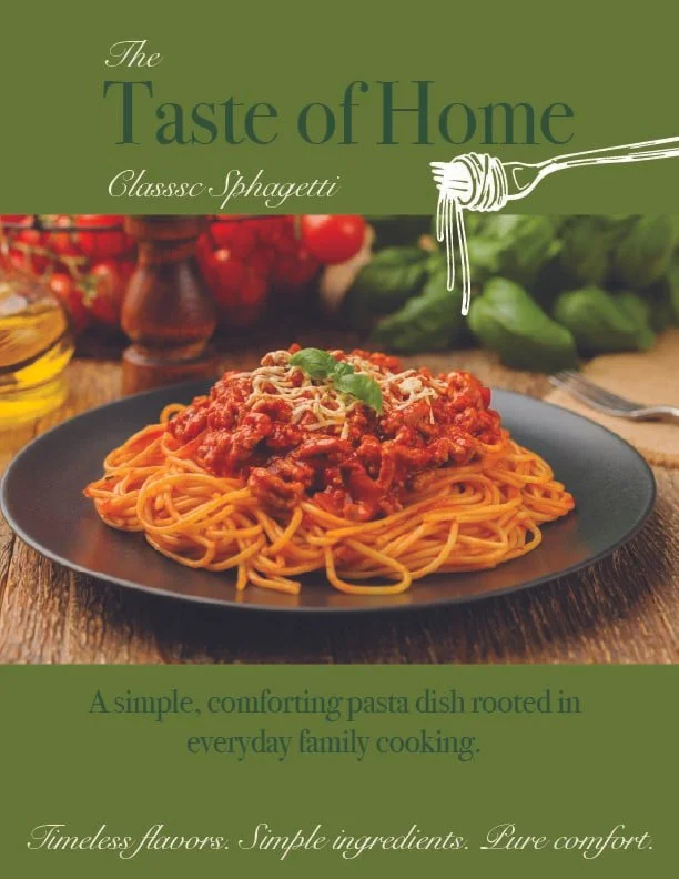 A plate of classic spaghetti with meat sauce garnished with basil on a wooden table, with fresh vegetables and condiments in the background, and text promoting home-style pasta cooking.