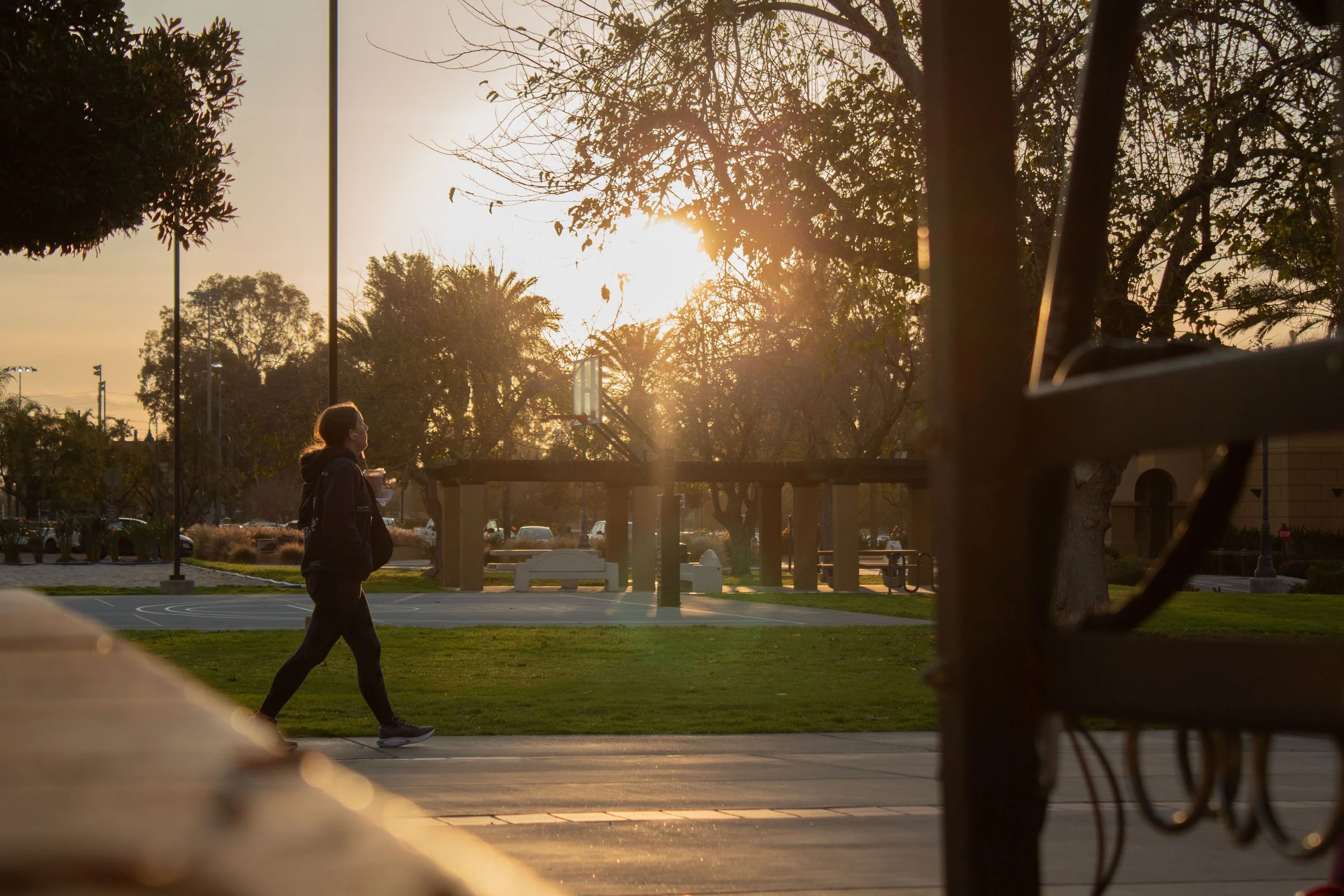 Person walking along a park pathway at sunset with trees, benches, and a basketball hoop in the background.
