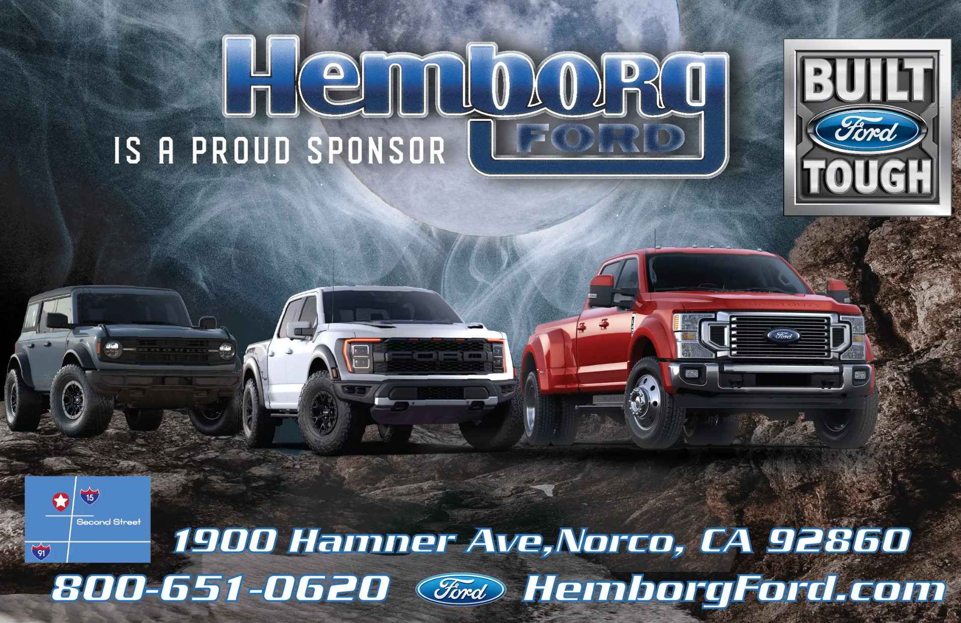 Advertisement for Hemborg Ford featuring three Ford trucks in front of a moonlit rocky landscape, with dealership address and contact information.