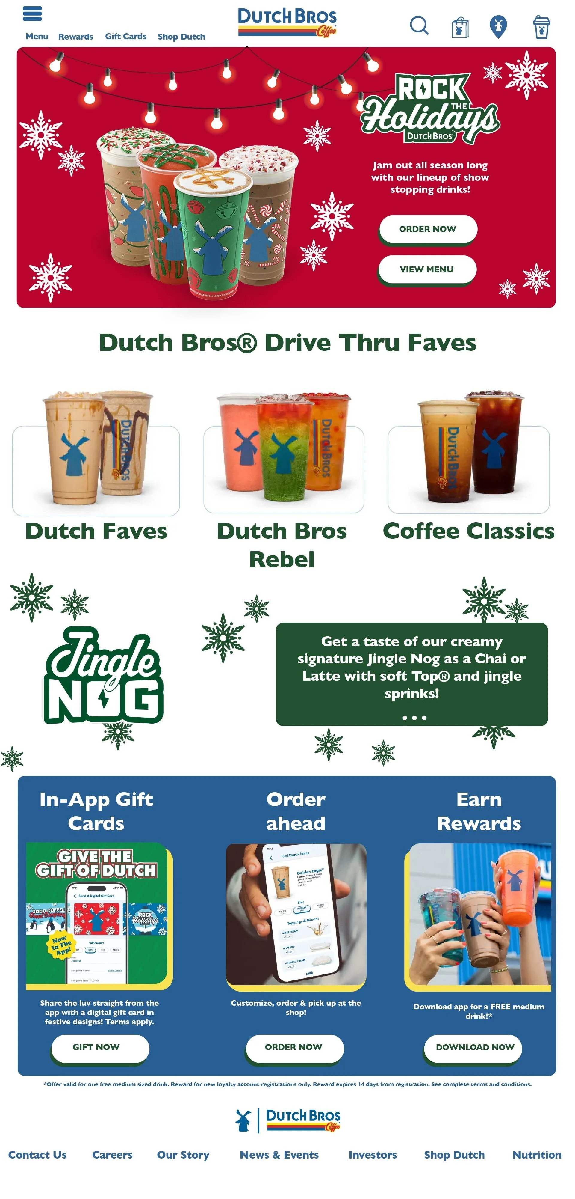 Promotional poster for Dutch Bros Coffee holiday drinks and loyalty program, featuring seasonal beverages, drive-thru favorites, coffee classics, and rewards, with holiday decorations and snowflakes.